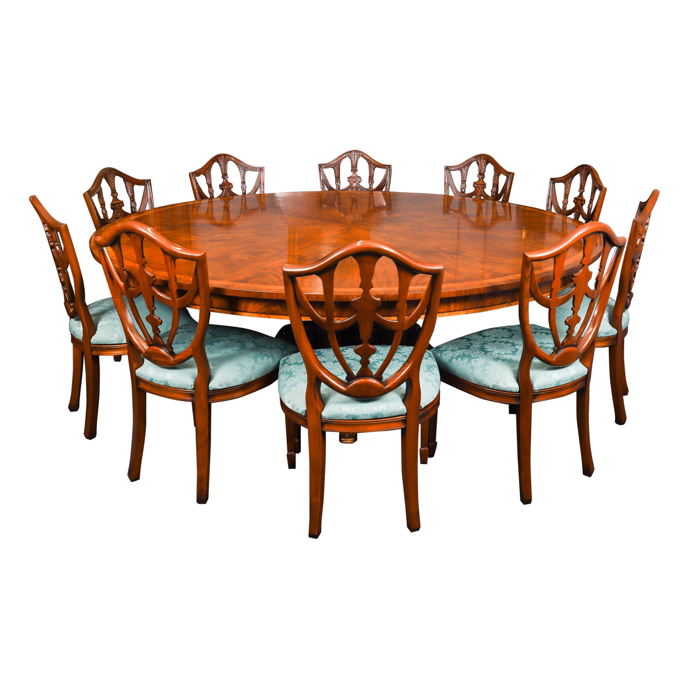 Vintage Flame Mahogany Dining Table & 10 Shield Back Chairs 20th Century