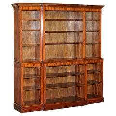 VINTAGE FLAMED HARDWOOD BREAKFRONT OPEN LIBRARY BOOKCASE ADJUSTABLE SHELVEs