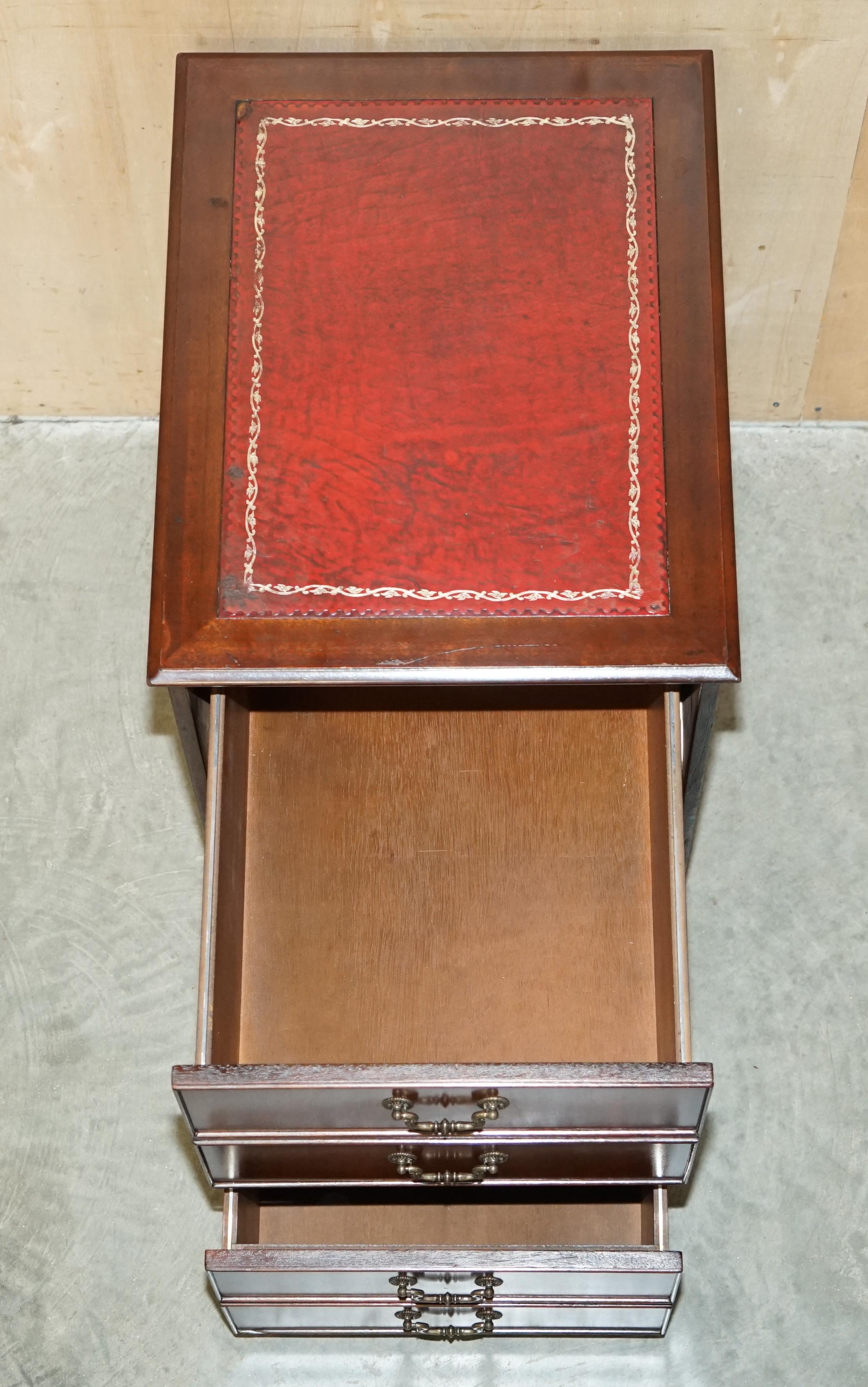 VINTAGE FLAMED HARDWOOD OXBLOOD LEATHER TWIN DRAWER FILiNG CABINET PART OF SUITE 11