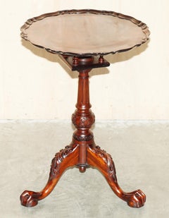 VINTAGE FLAMED HARDWOOD THOMAS CHiPPENDALE CLAW & BALL TRIPOD TABLE ROTATING TOP