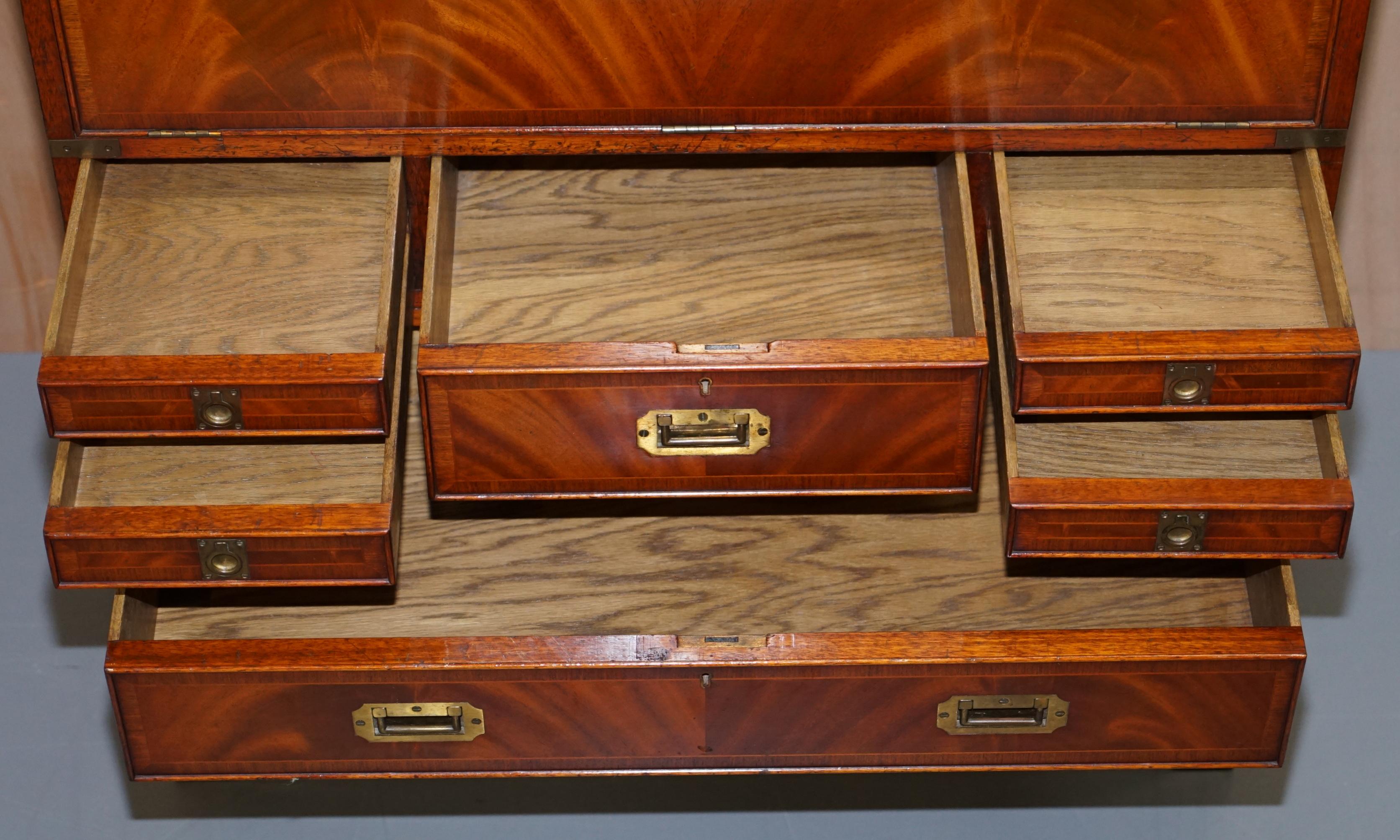 Vintage Flamed Mahogany Military Campaign Chest of Drawers Drop Secretaire Desk 10