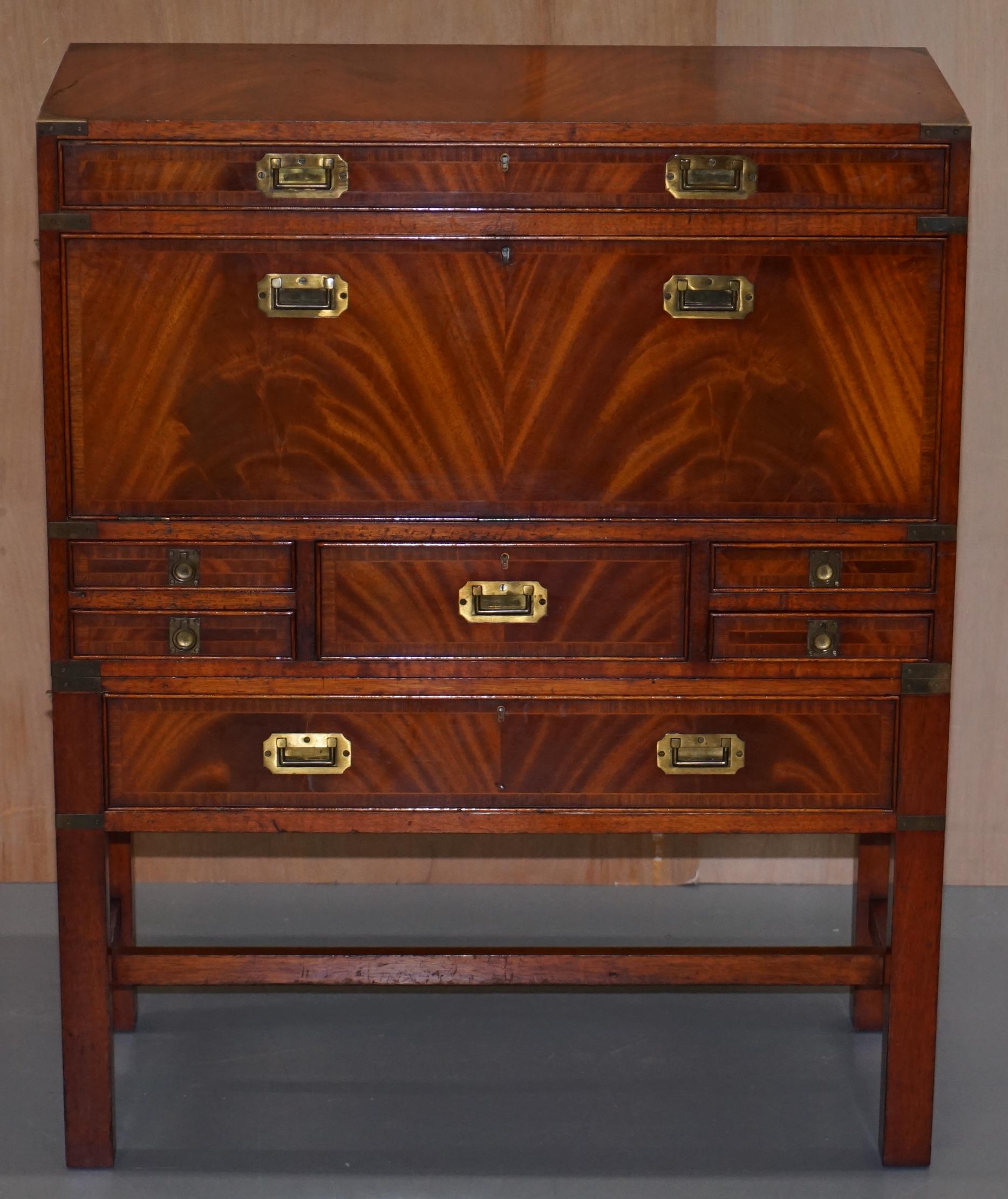 English Vintage Flamed Mahogany Military Campaign Chest of Drawers Drop Secretaire Desk