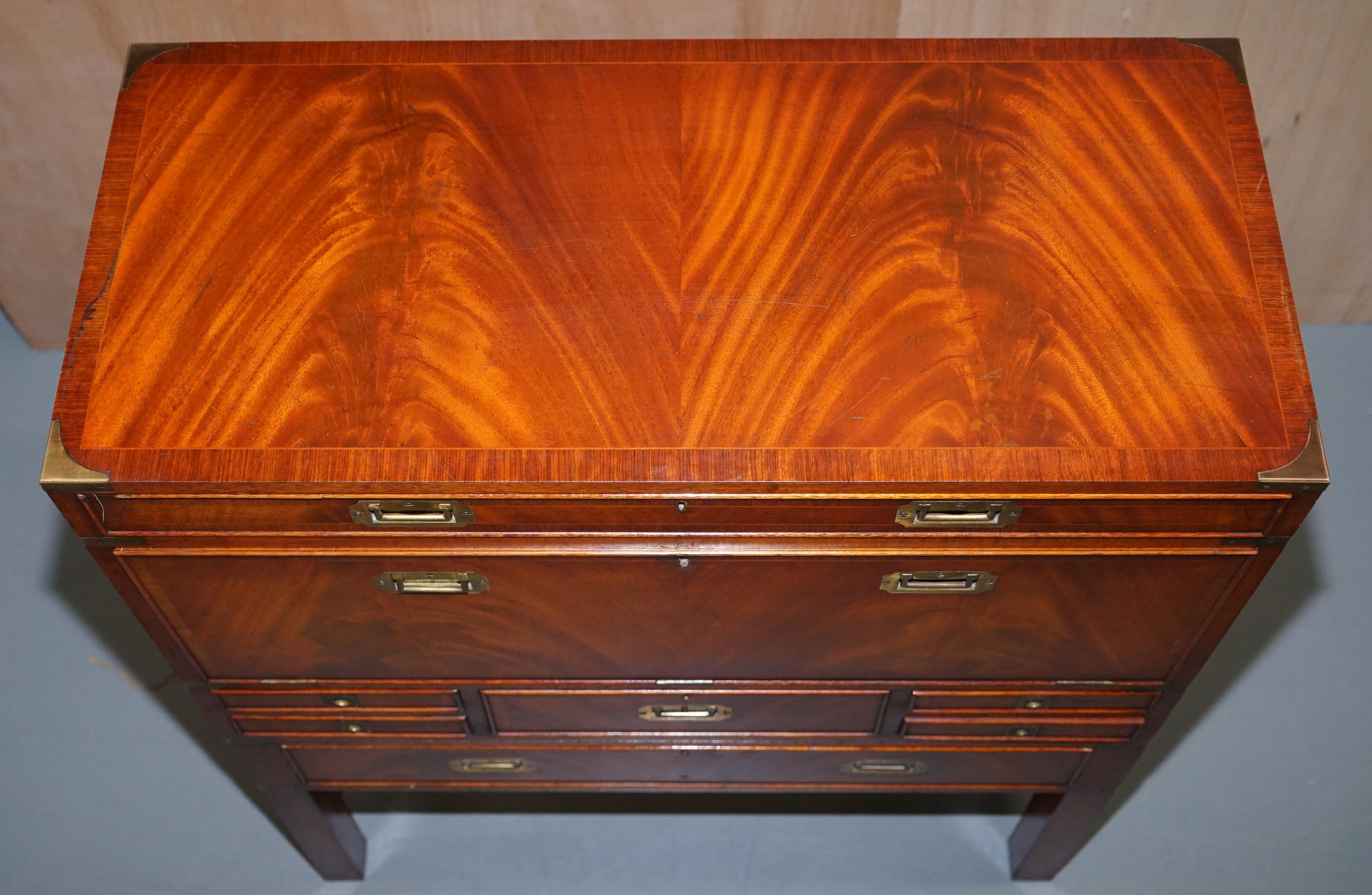 Hand-Crafted Vintage Flamed Mahogany Military Campaign Chest of Drawers Drop Secretaire Desk