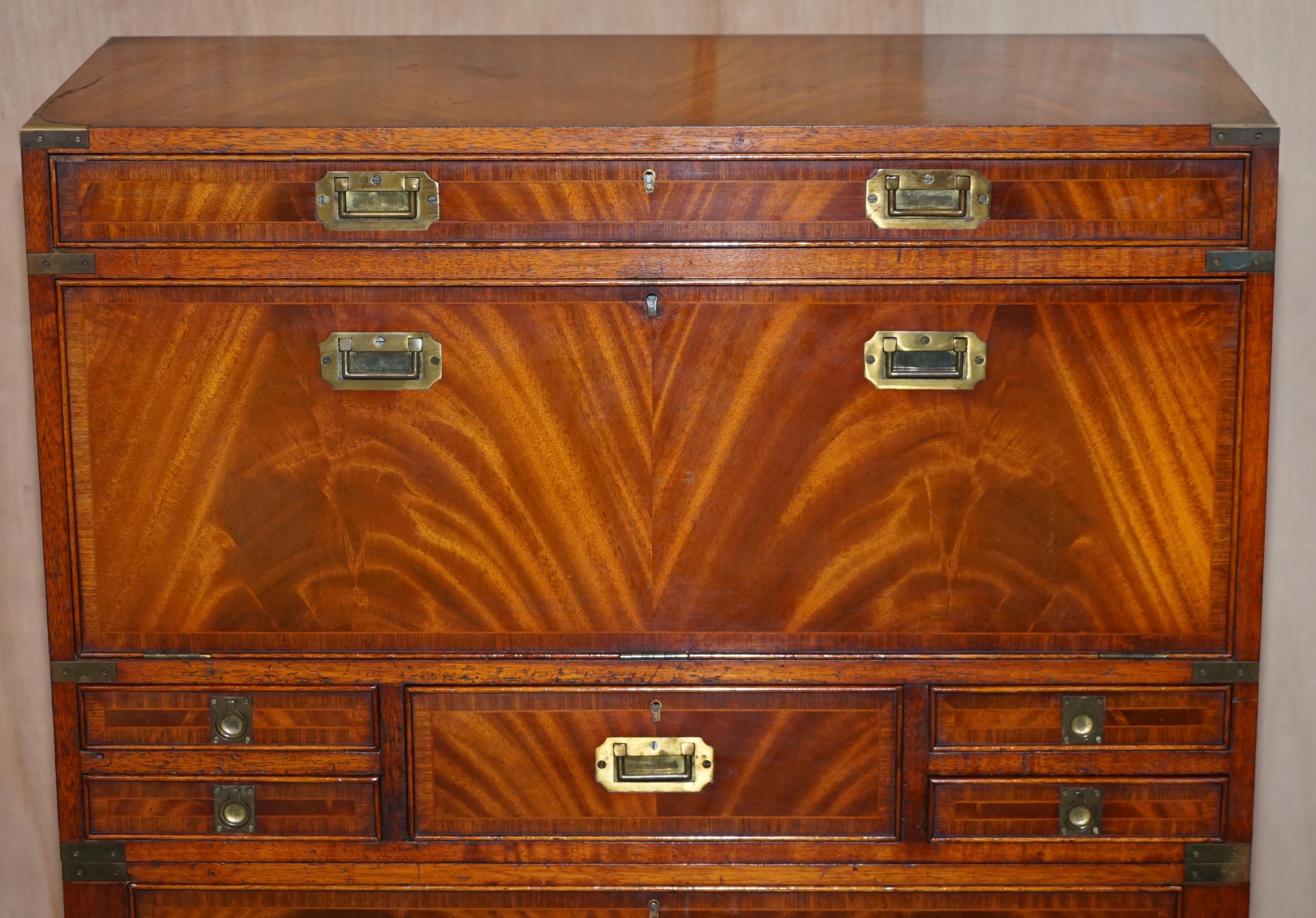 Vintage Flamed Mahogany Military Campaign Chest of Drawers Drop Secretaire Desk 1