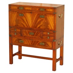 Vintage Flamed Mahogany Military Campaign Chest of Drawers Drop Secretaire Desk