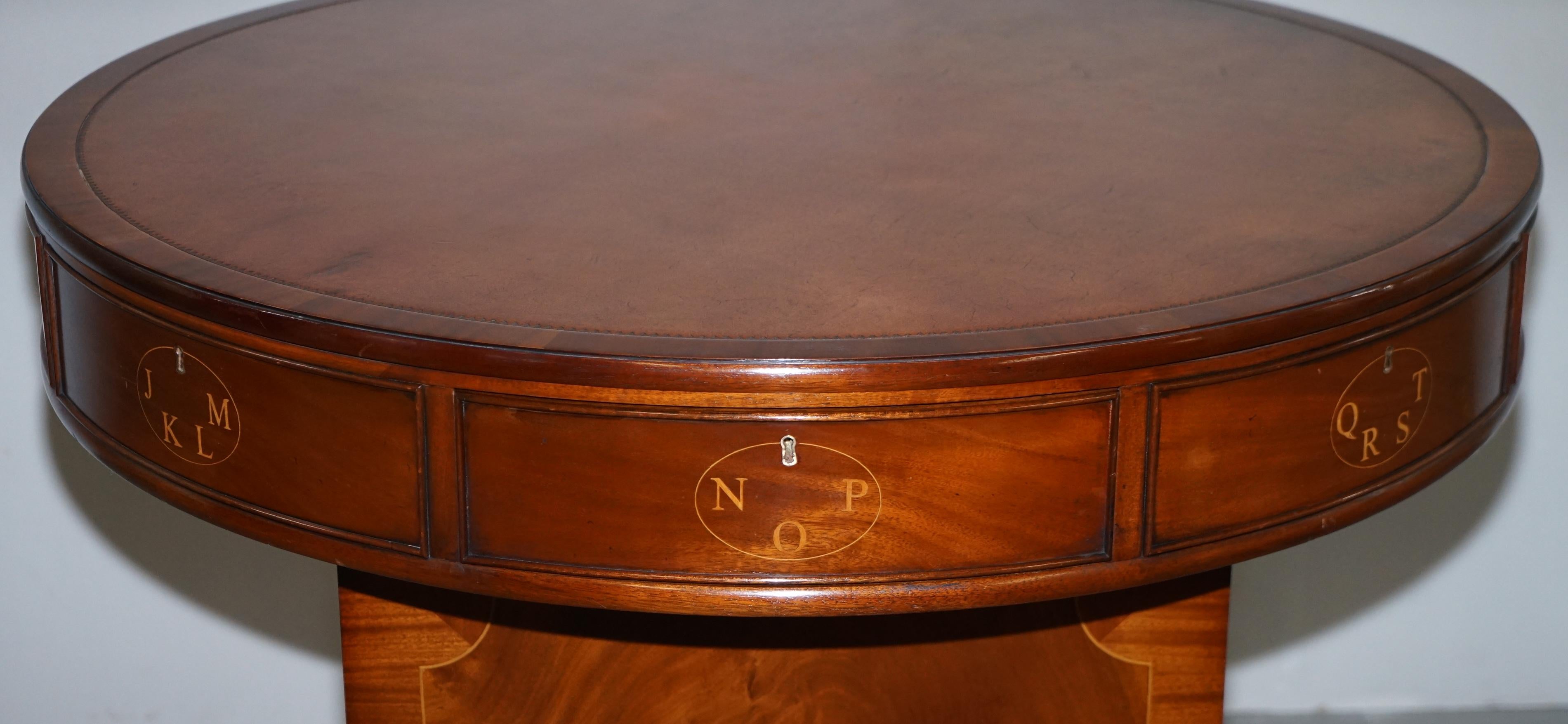 20th Century Vintage Flamed Mahogany Rent Drum Table Brown Leather Top Regency Style Fine