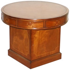 Vintage Flamed Mahogany Rent Drum Table Brown Leather Top Regency Style Fine