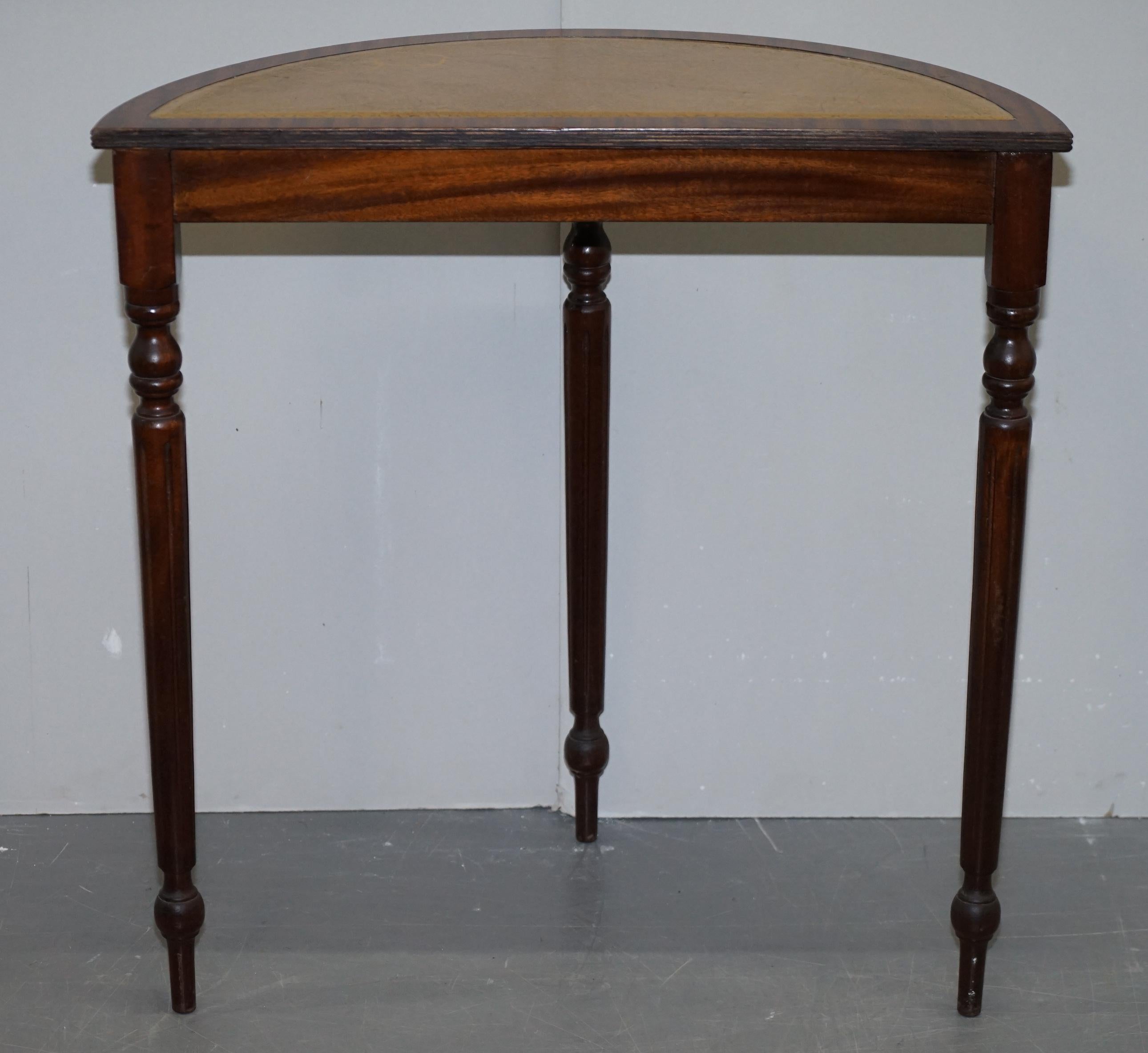 Vintage Flamed Mahogany with a Tan Brown Leather Top Demilune Console Table 3