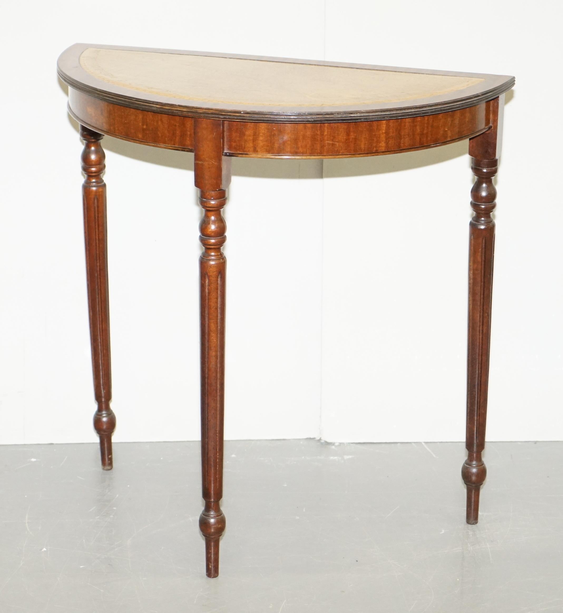 Art Deco Vintage Flamed Mahogany with a Tan Brown Leather Top Demilune Console Table
