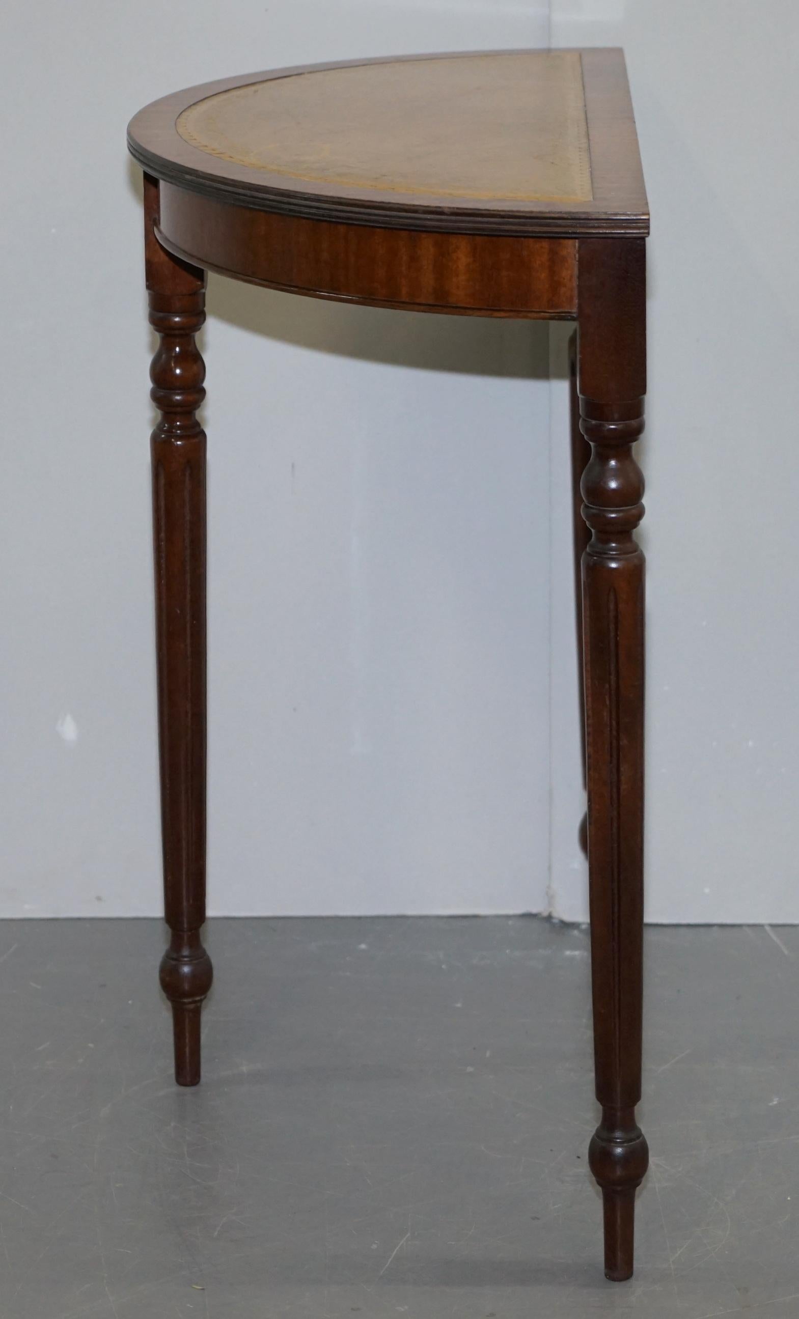 Vintage Flamed Mahogany with a Tan Brown Leather Top Demilune Console Table 2