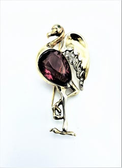 Vintage Flamengo Brooch by REJA 1940 USA rhinestone, sterling silver gold plat