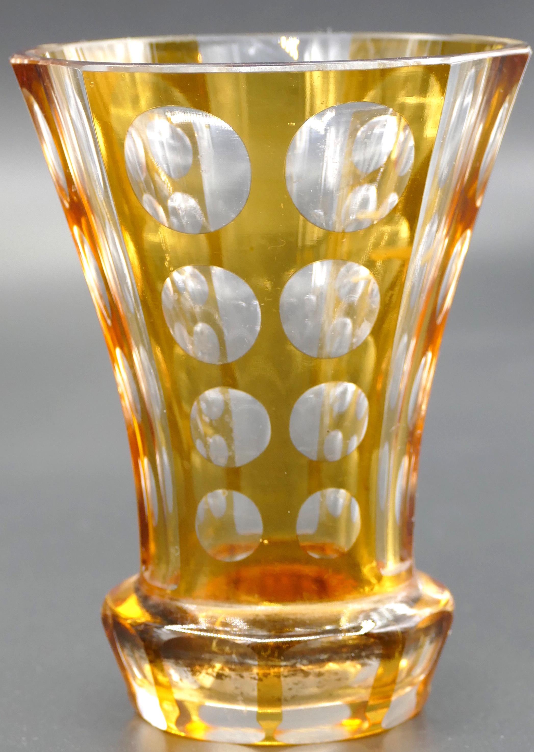 Flared glass vase is an original decorative object realized in glass in the second decade of the 20th century. 

Original glass with yellow glaze. 

Made in Germany.

Not very good conditions: peeling and lens cut, originally with gold rim.