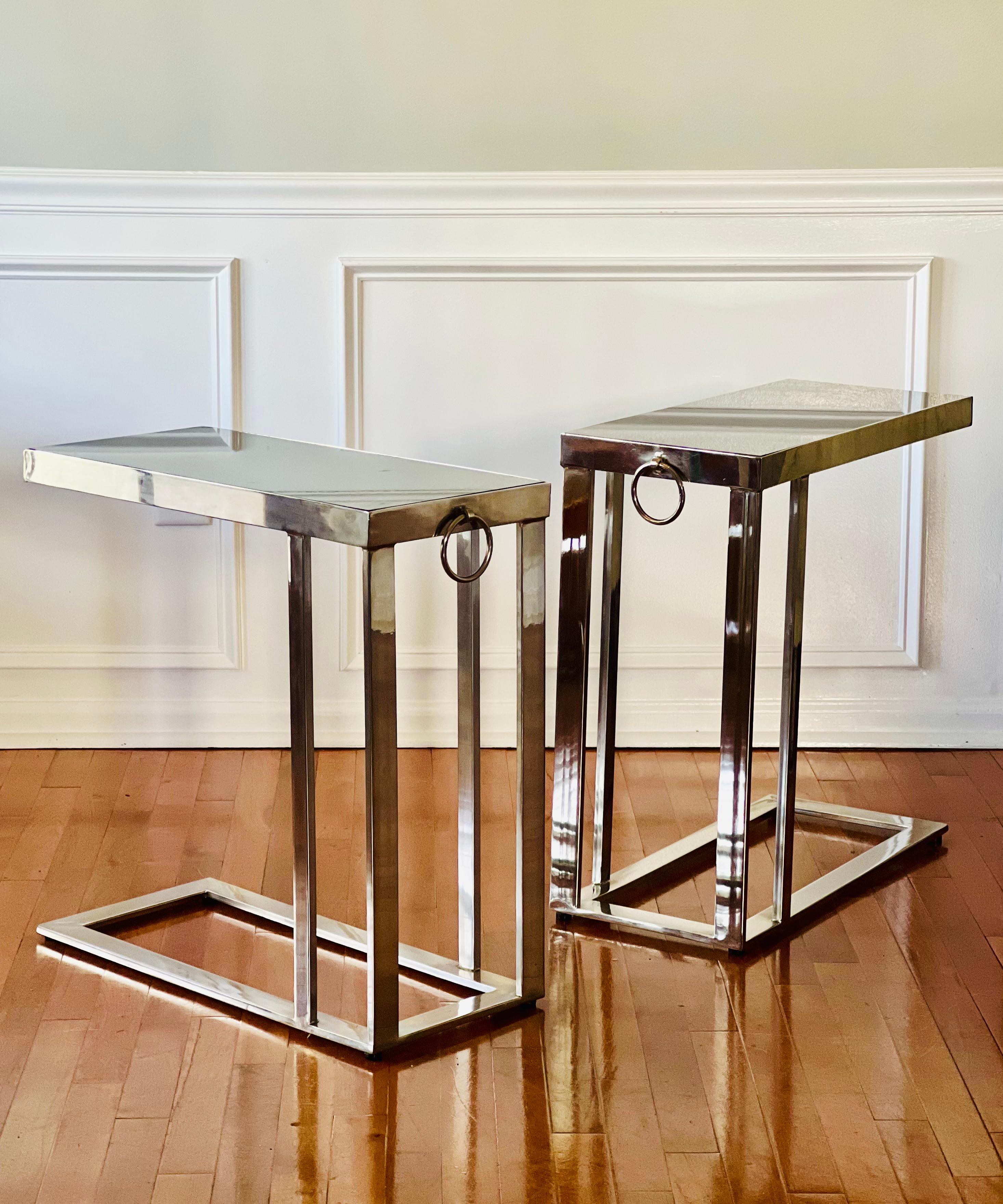 Vintage Flat Bar Chrome and Marble Top Cantilever Side Tables For Sale 2