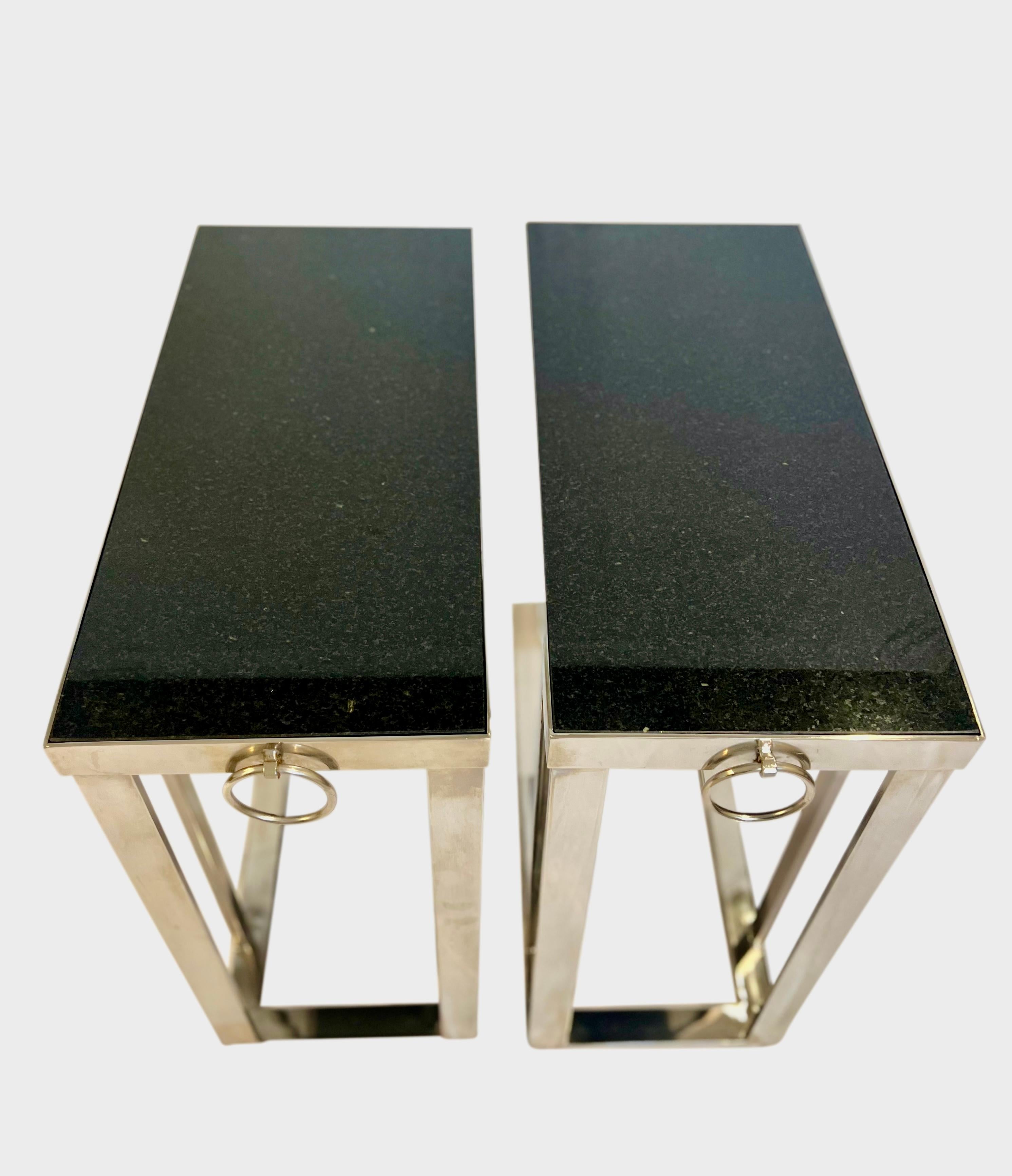 Modern Vintage Flat Bar Chrome and Marble Top Cantilever Side Tables For Sale
