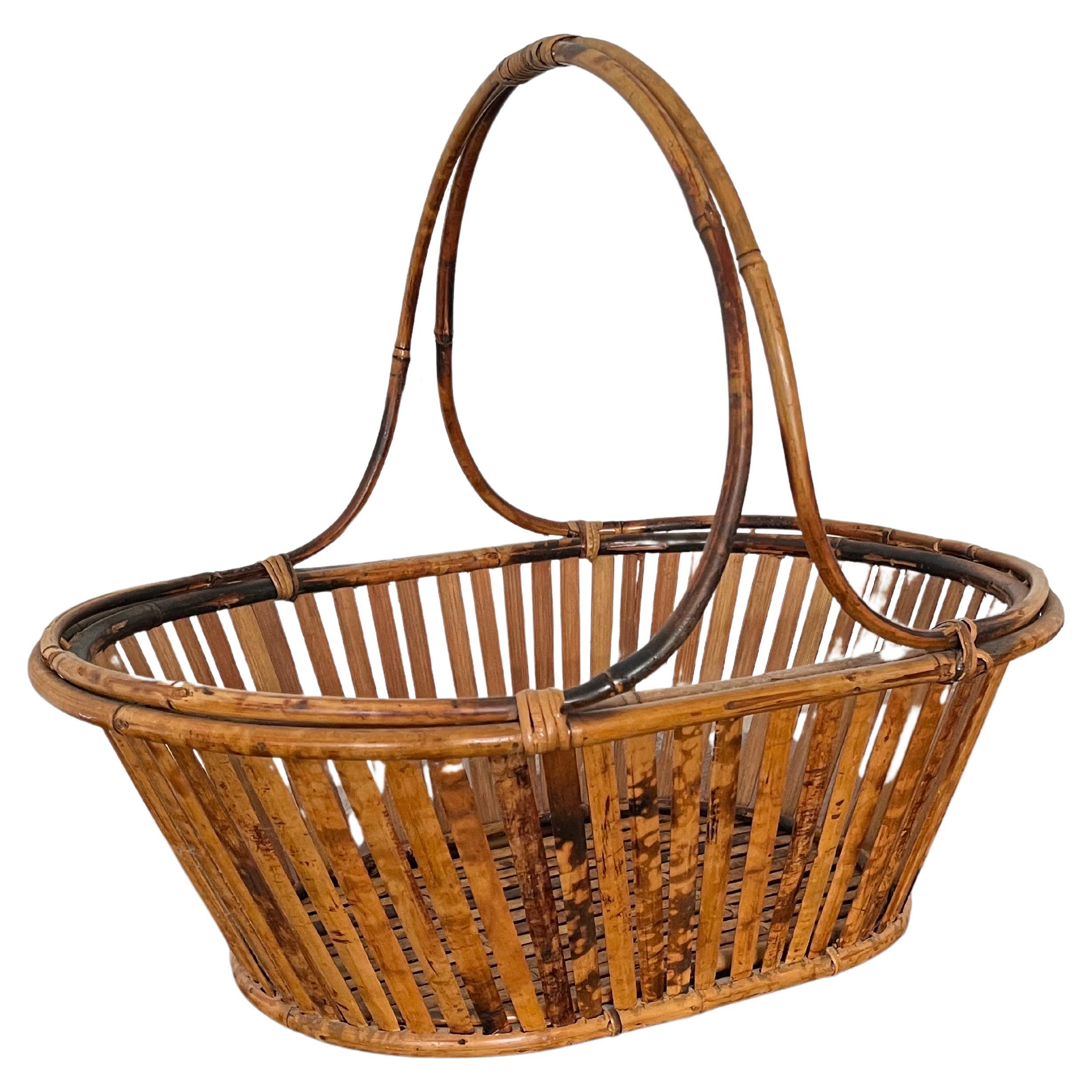 Vintage Flat Reed Bamboo Rattan Basket For Sale
