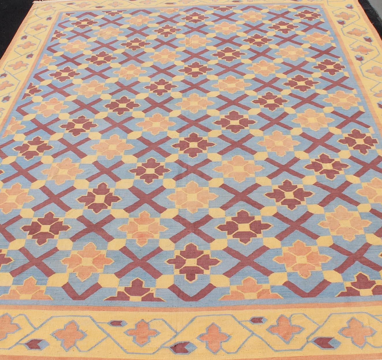 Vintage Flat Weave Cotton Dhurrie with Star Pattern in Blue, Yellow & Brown Red For Sale 3