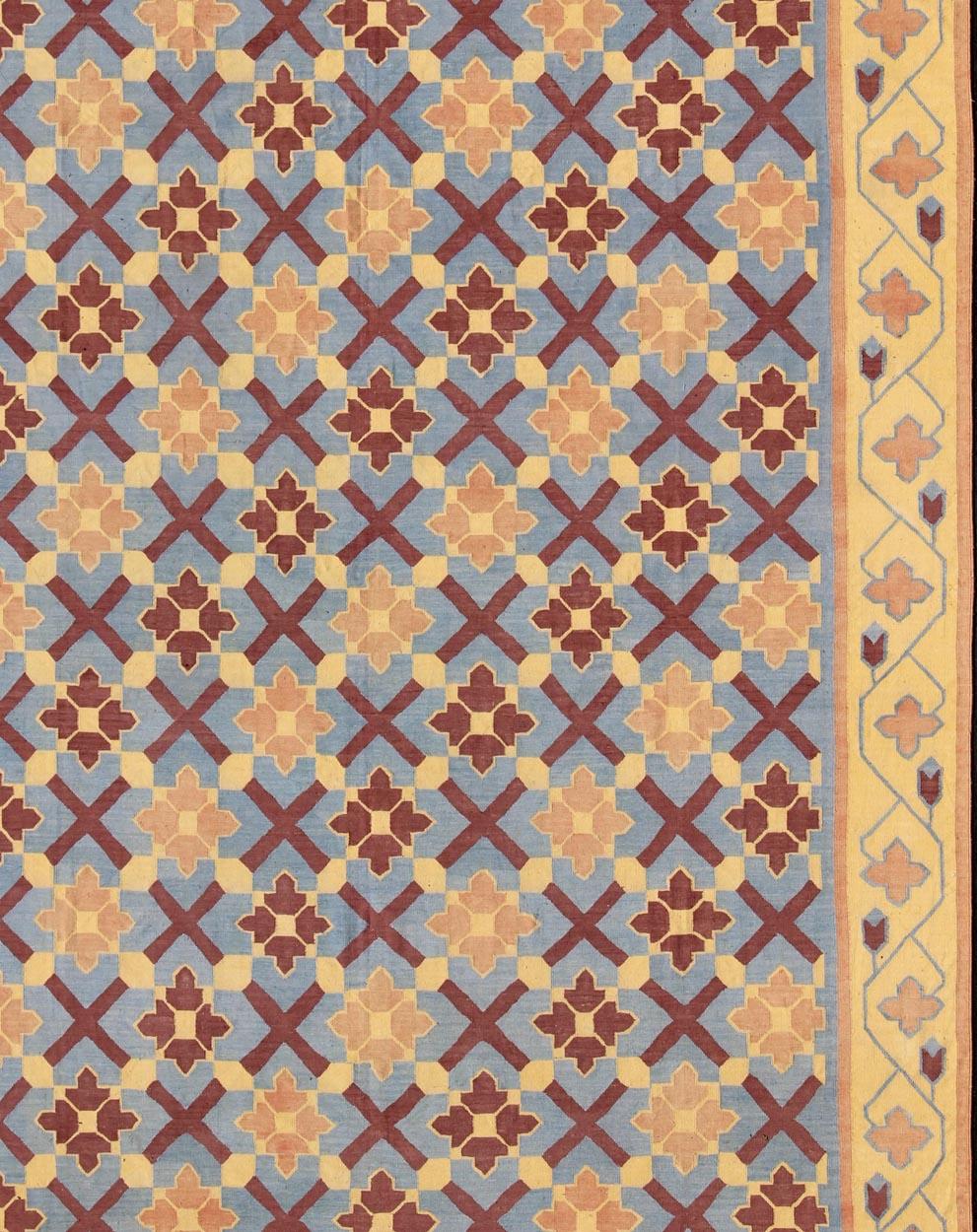 Indian Vintage Flat Weave Cotton Dhurrie with Star Pattern in Blue, Yellow & Brown Red For Sale