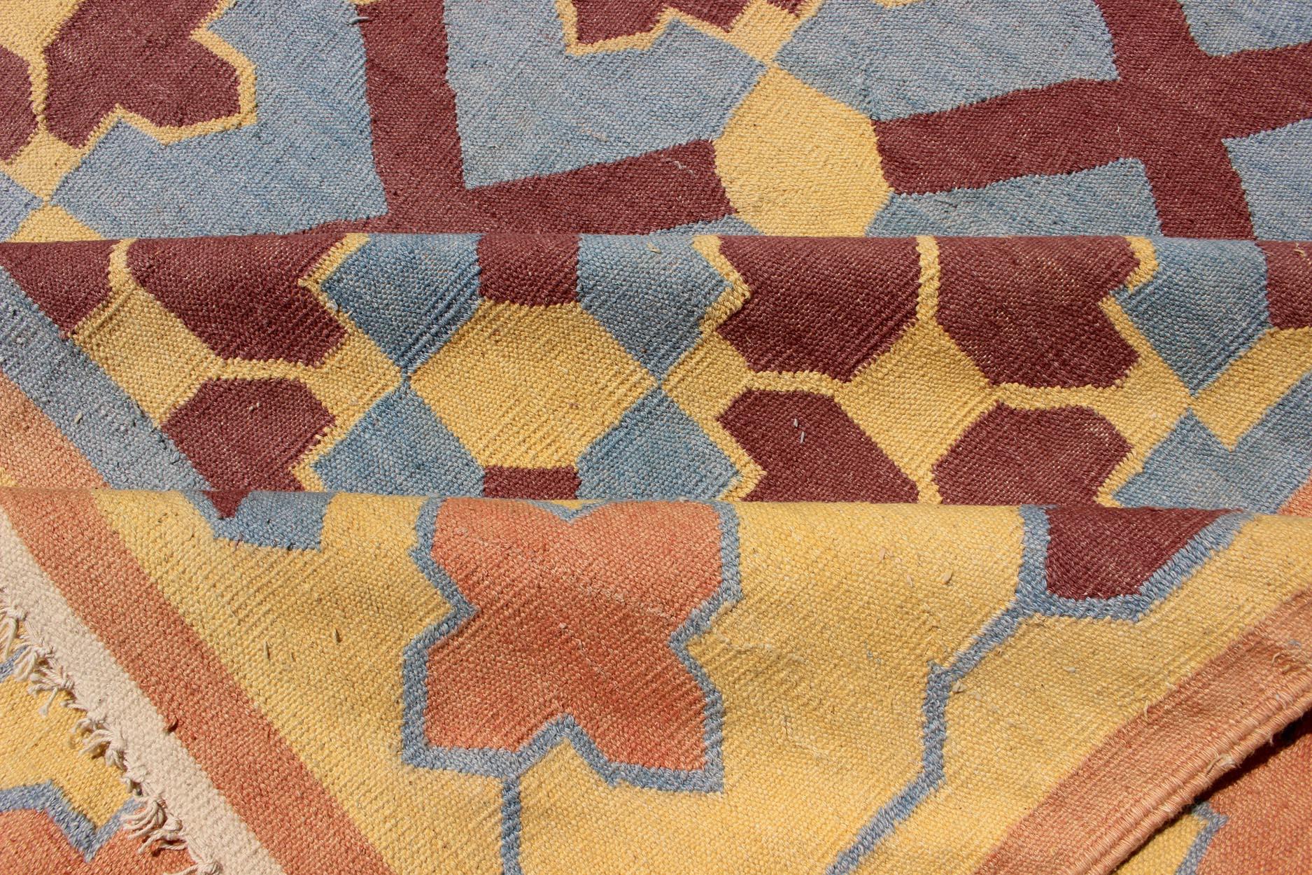 Hand-Woven Vintage Flat Weave Cotton Dhurrie with Star Pattern in Blue, Yellow & Brown Red For Sale