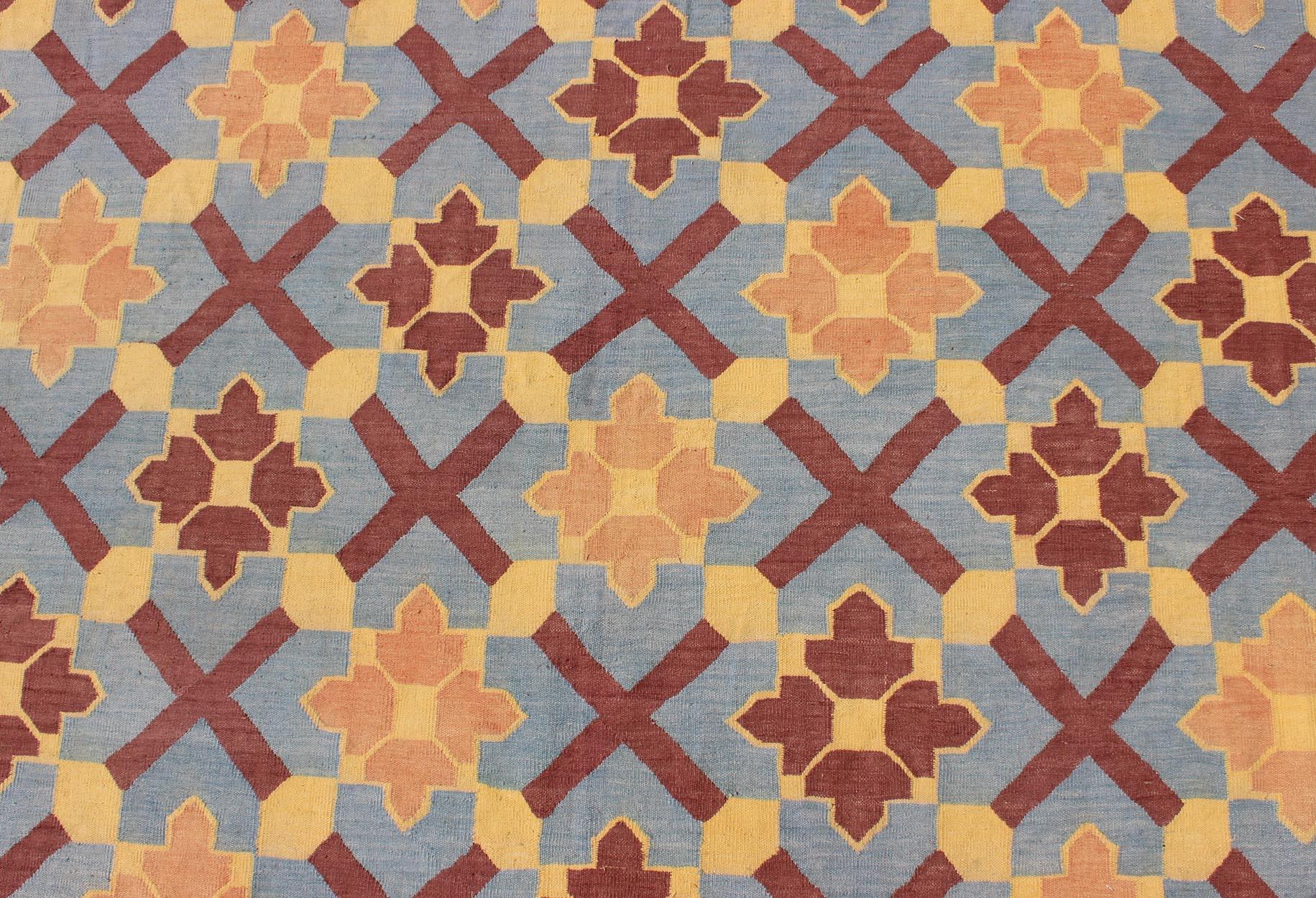 Mid-20th Century Vintage Flat Weave Cotton Dhurrie with Star Pattern in Blue, Yellow & Brown Red For Sale