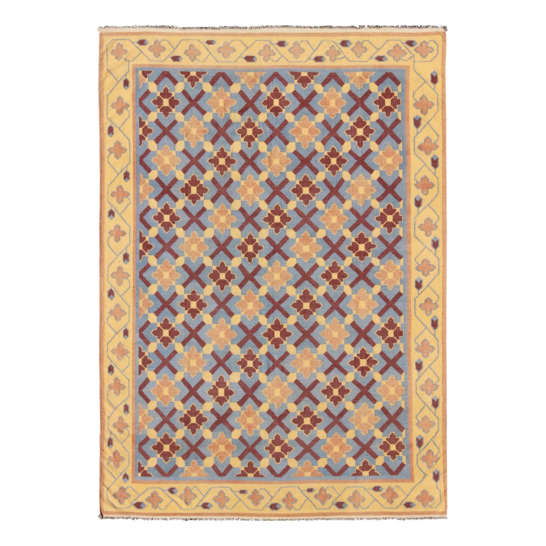 Vintage Flat Weave Cotton Dhurrie with Star Pattern in Blue, Yellow & Brown Red For Sale