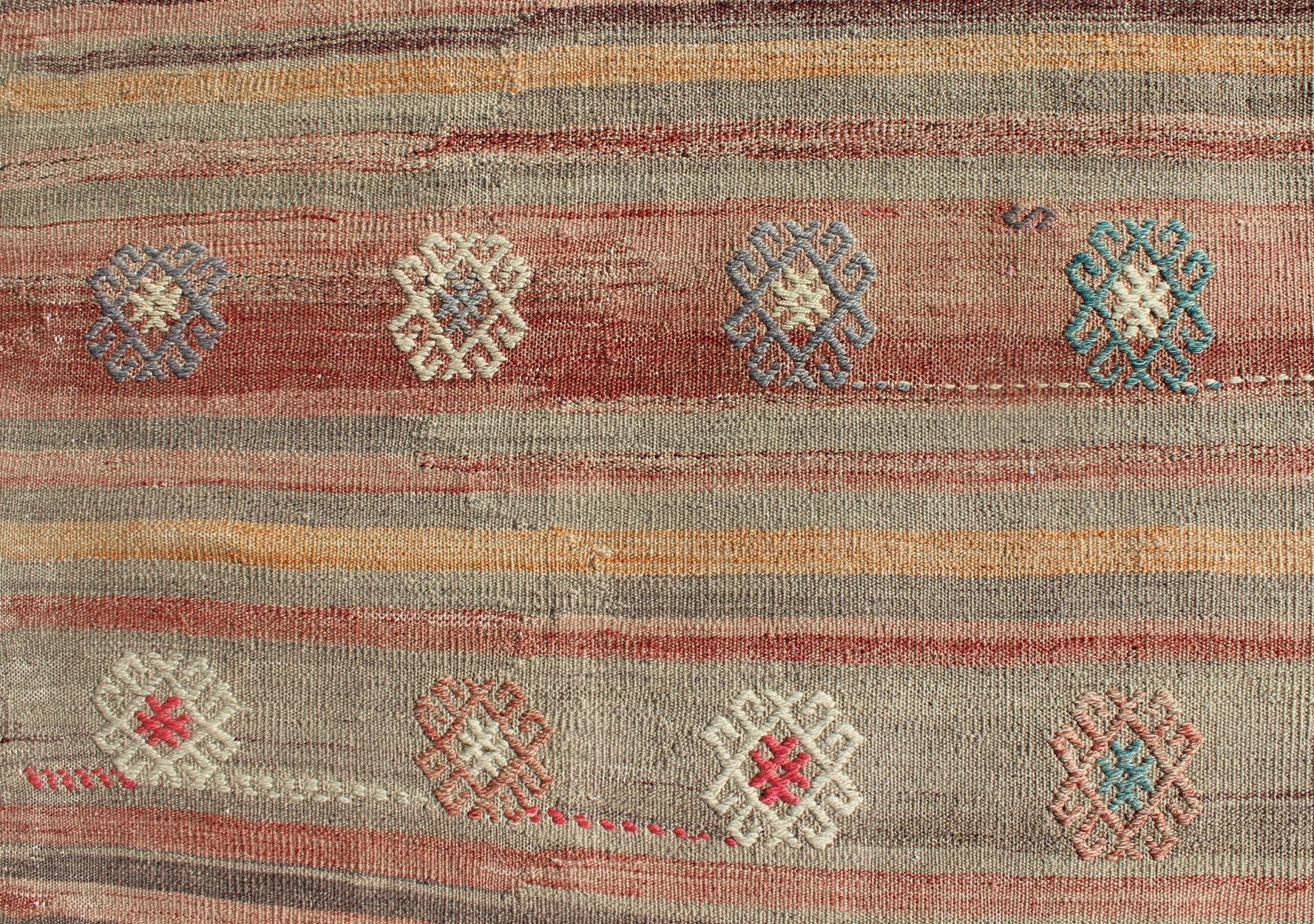 Vintage Flat-Weave Kilim Rug with Geometric Motifs with Unique Colors 3