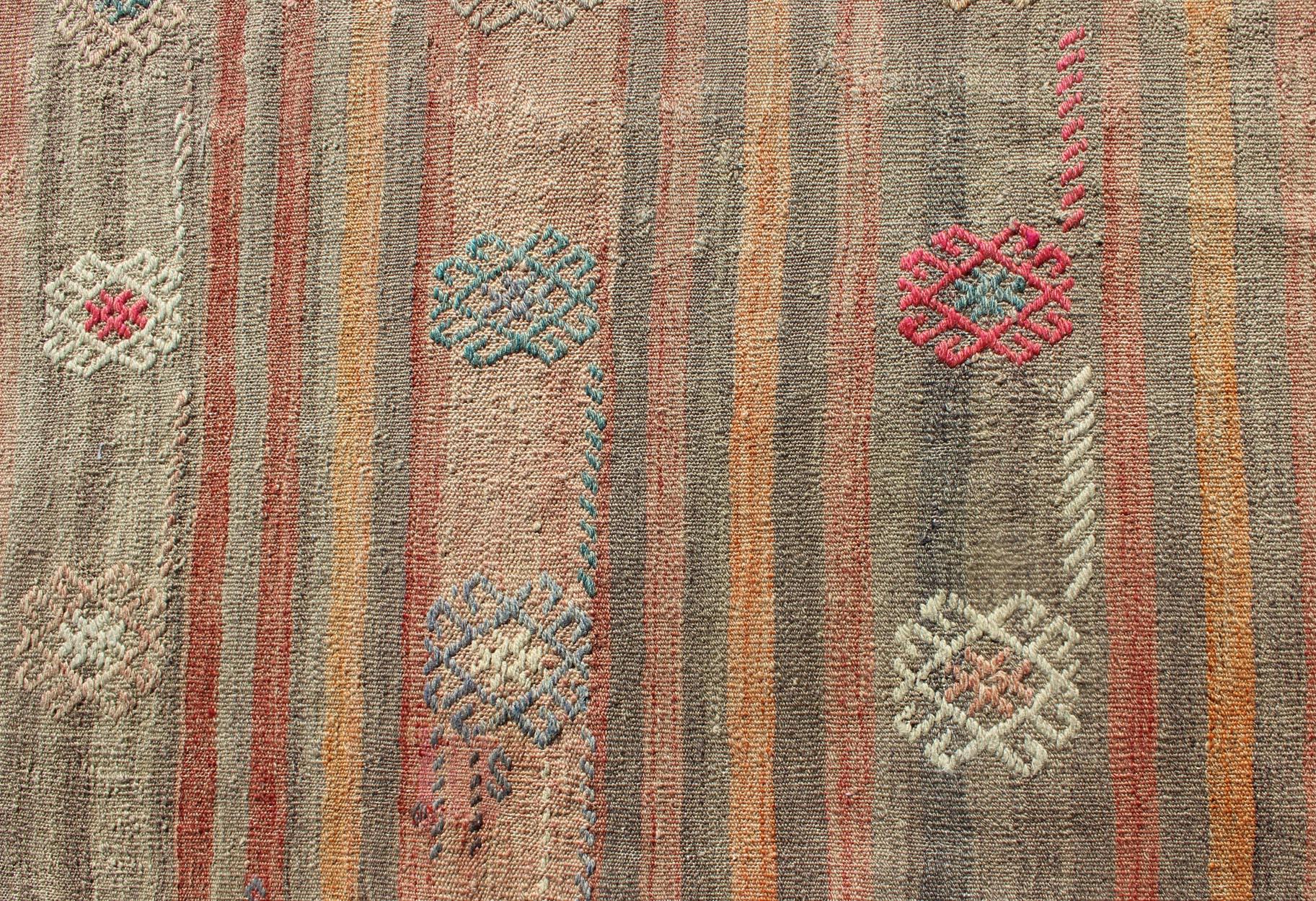 Vintage Flat-Weave Kilim Rug with Geometric Motifs with Unique Colors 4