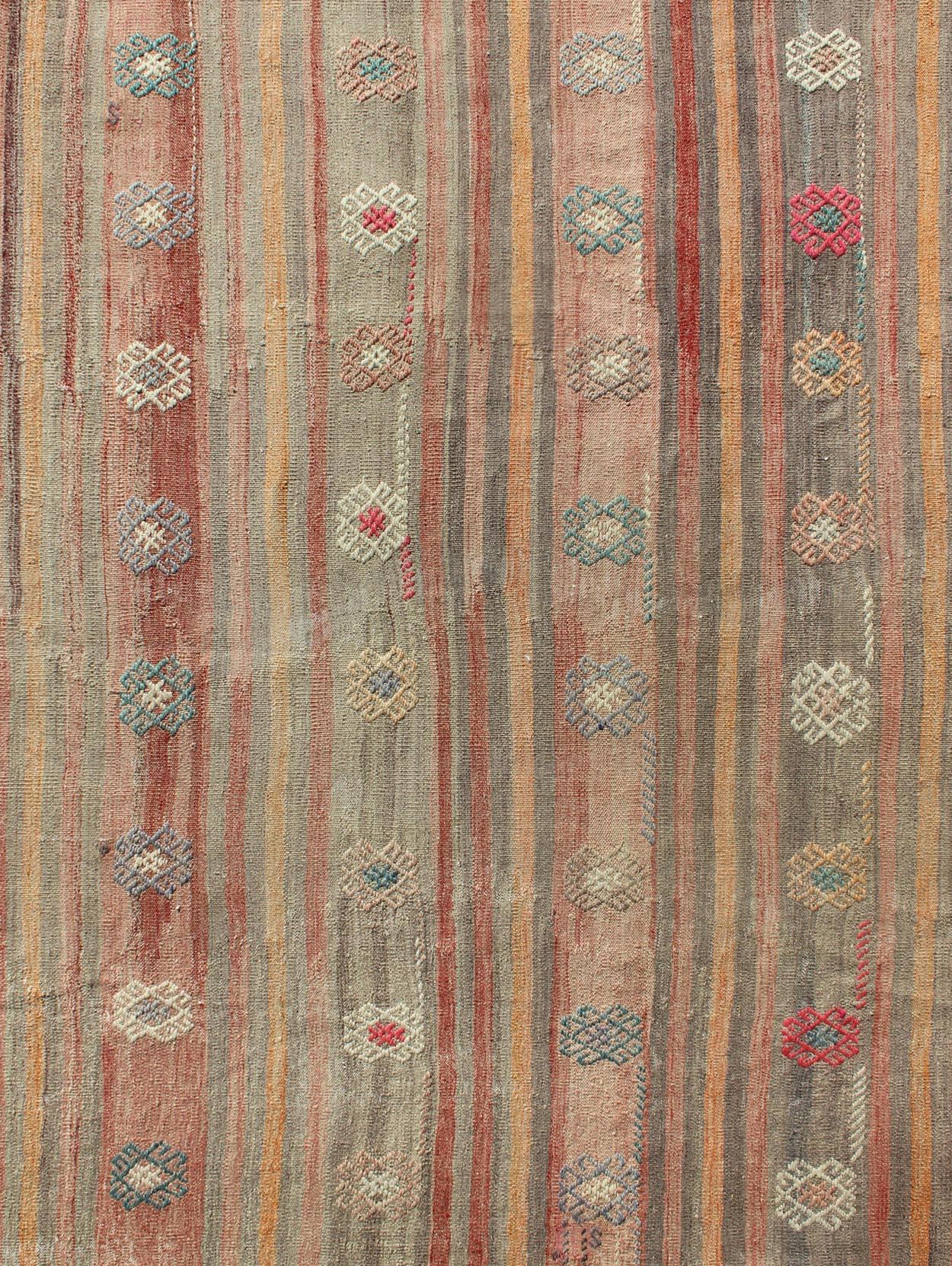 Turkish Vintage Flat-Weave Kilim Rug with Geometric Motifs with Unique Colors