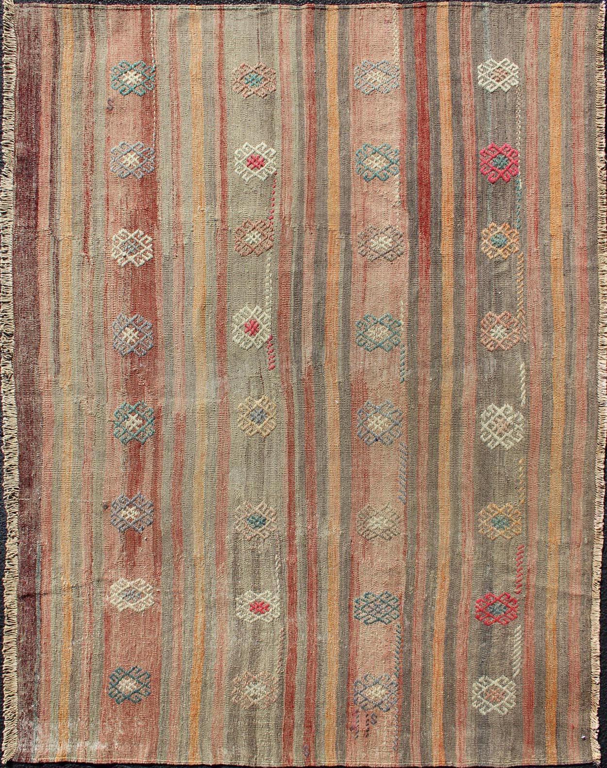 Hand-Woven Vintage Flat-Weave Kilim Rug with Geometric Motifs with Unique Colors