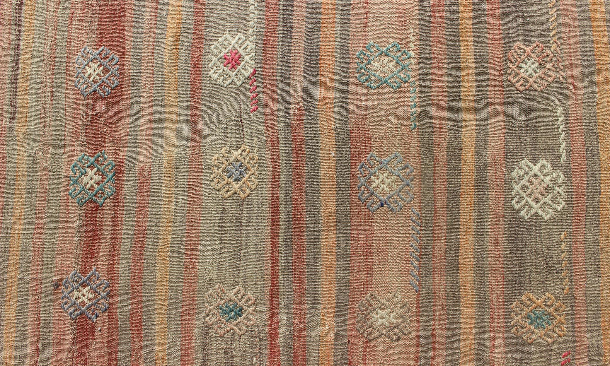 Vintage Flat-Weave Kilim Rug with Geometric Motifs with Unique Colors 2