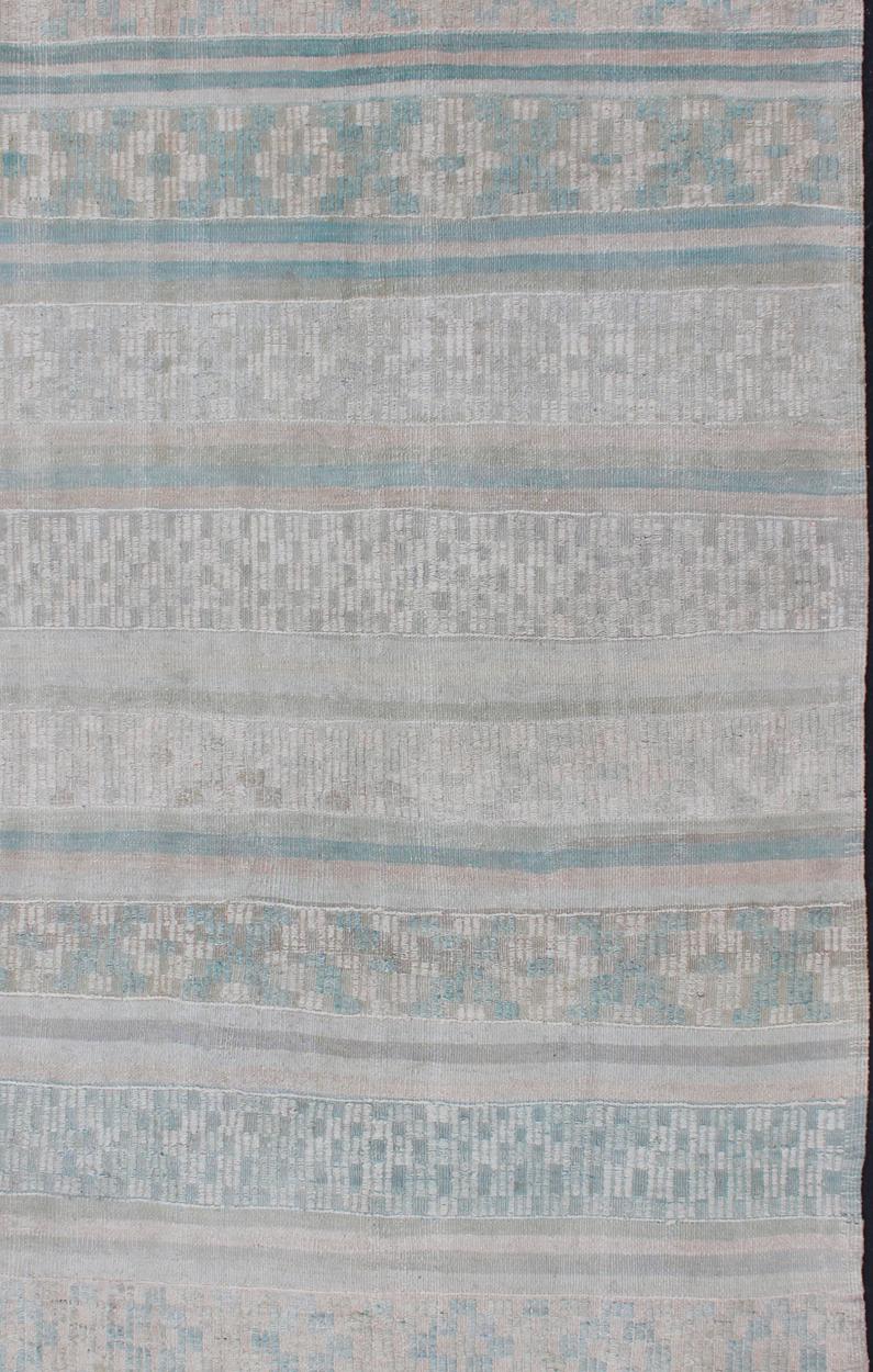 Turkish Vintage Flat-Weave Kilim with Embroideries in Blush, Green, Blue and Gray For Sale