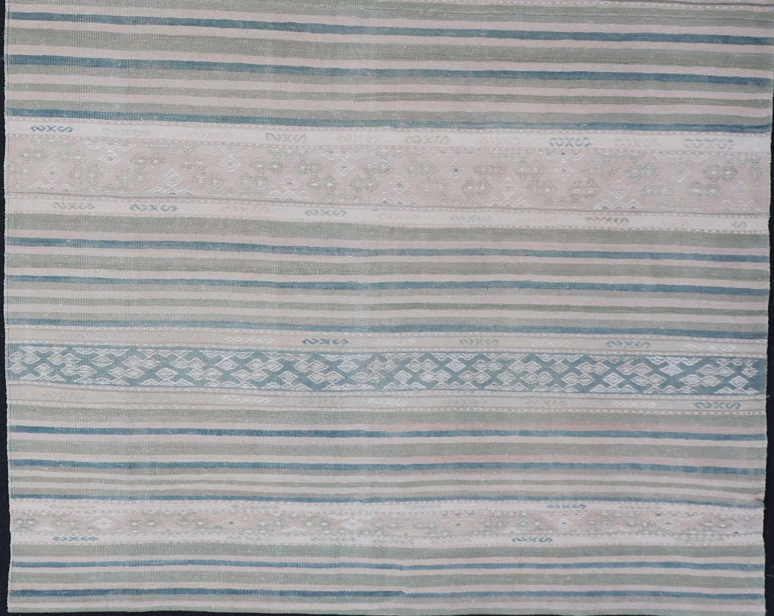 Hand-Woven Vintage Flat-Weave Kilim with Embroideries in Blush, Green, Blue and Gray For Sale