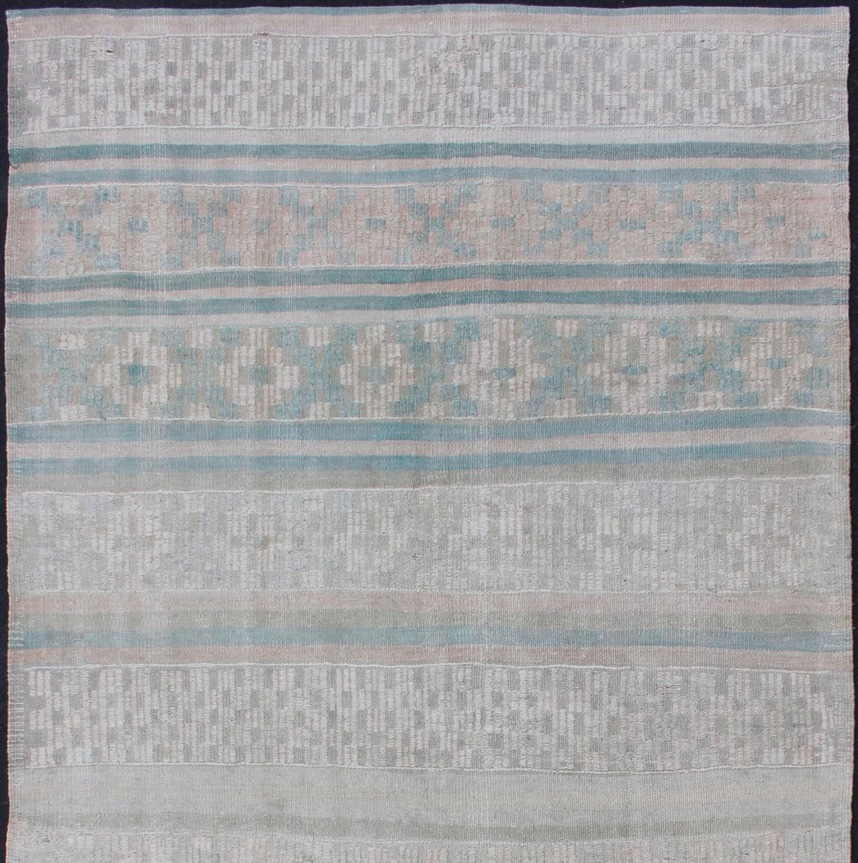 Hand-Knotted Vintage Flat-Weave Kilim with Embroideries in Blush, Green, Blue and Gray For Sale