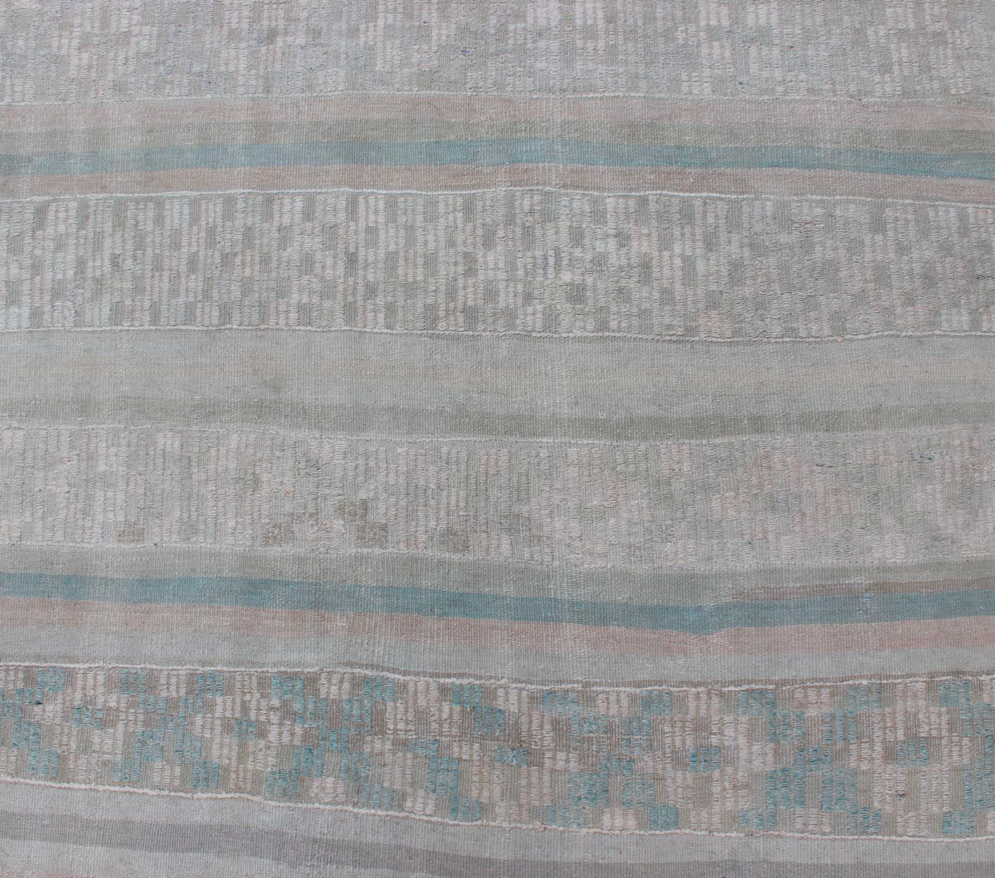 Wool Vintage Flat-Weave Kilim with Embroideries in Blush, Green, Blue and Gray For Sale