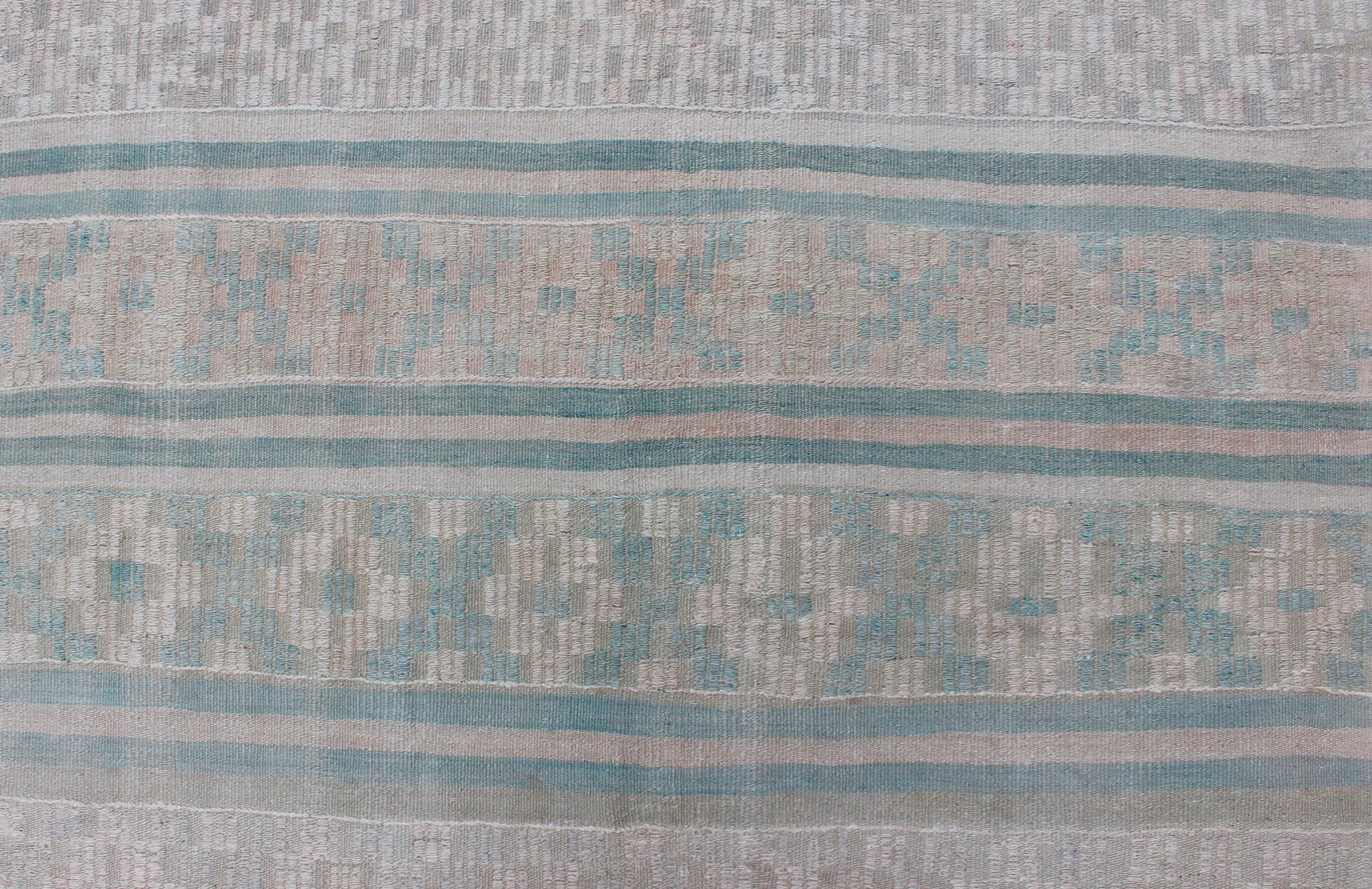 Vintage Flat-Weave Kilim with Embroideries in Blush, Green, Blue and Gray For Sale 1