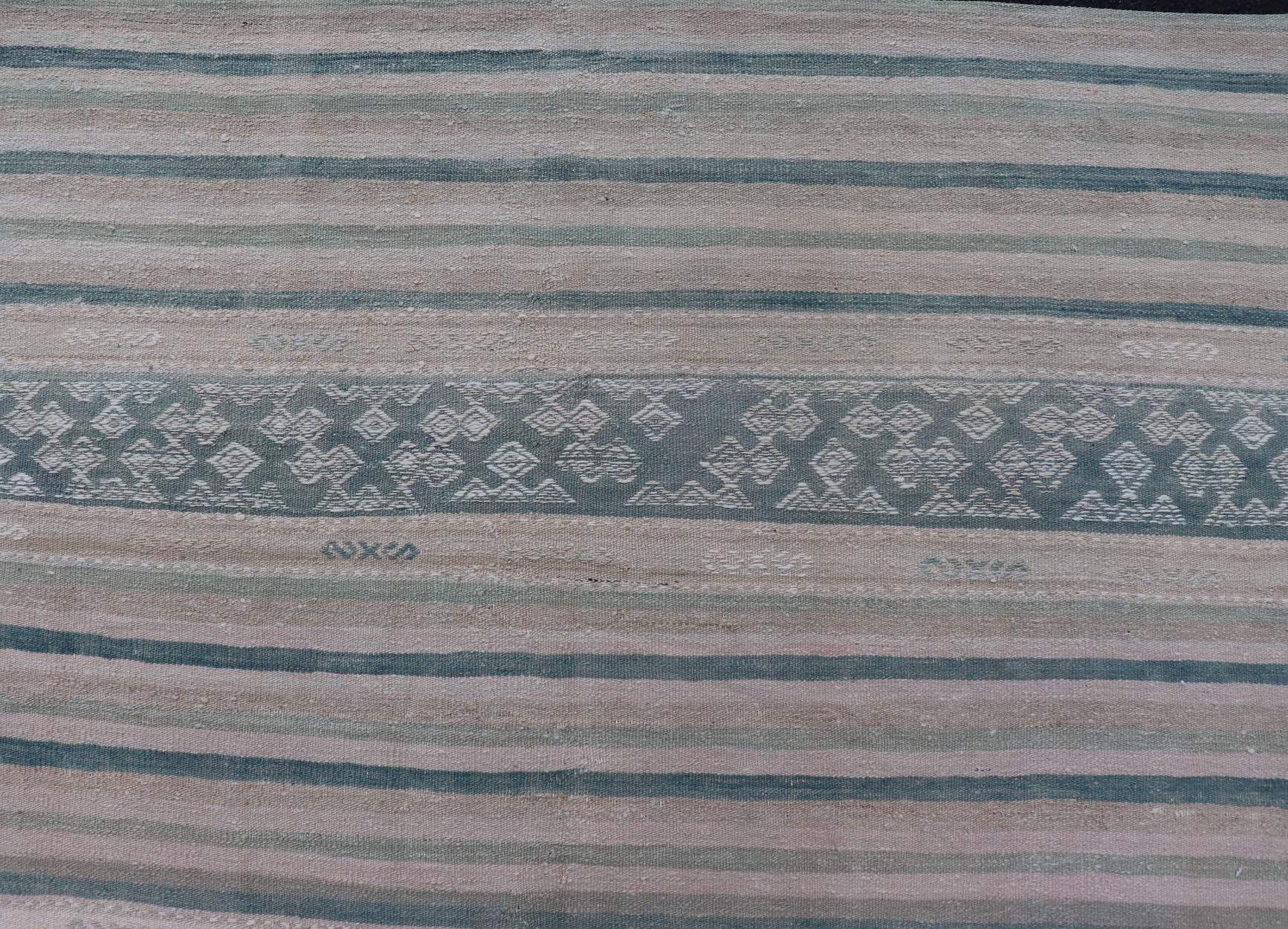 Vintage Flat-Weave Kilim with Embroideries in Blush, Green, Blue and Gray For Sale 1