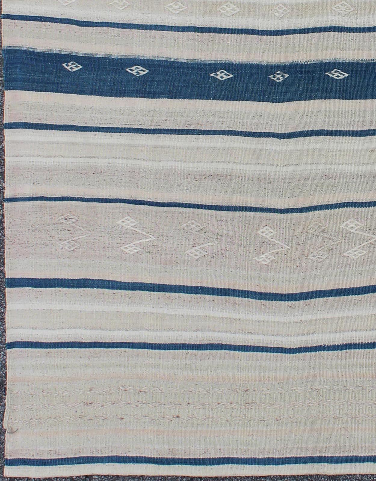 Turkish Vintage Flat-Weave Kilim with Navy Blue, Light Green & Taupe in Striped Design For Sale