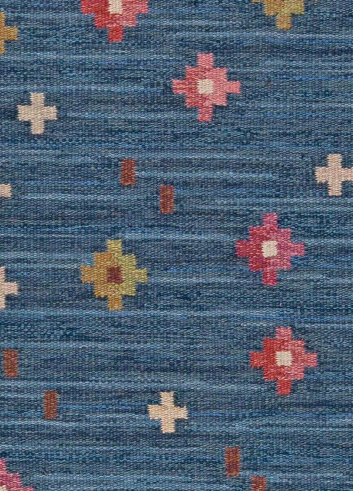 Mid-century Swedish Flatweave Rug with Blue 