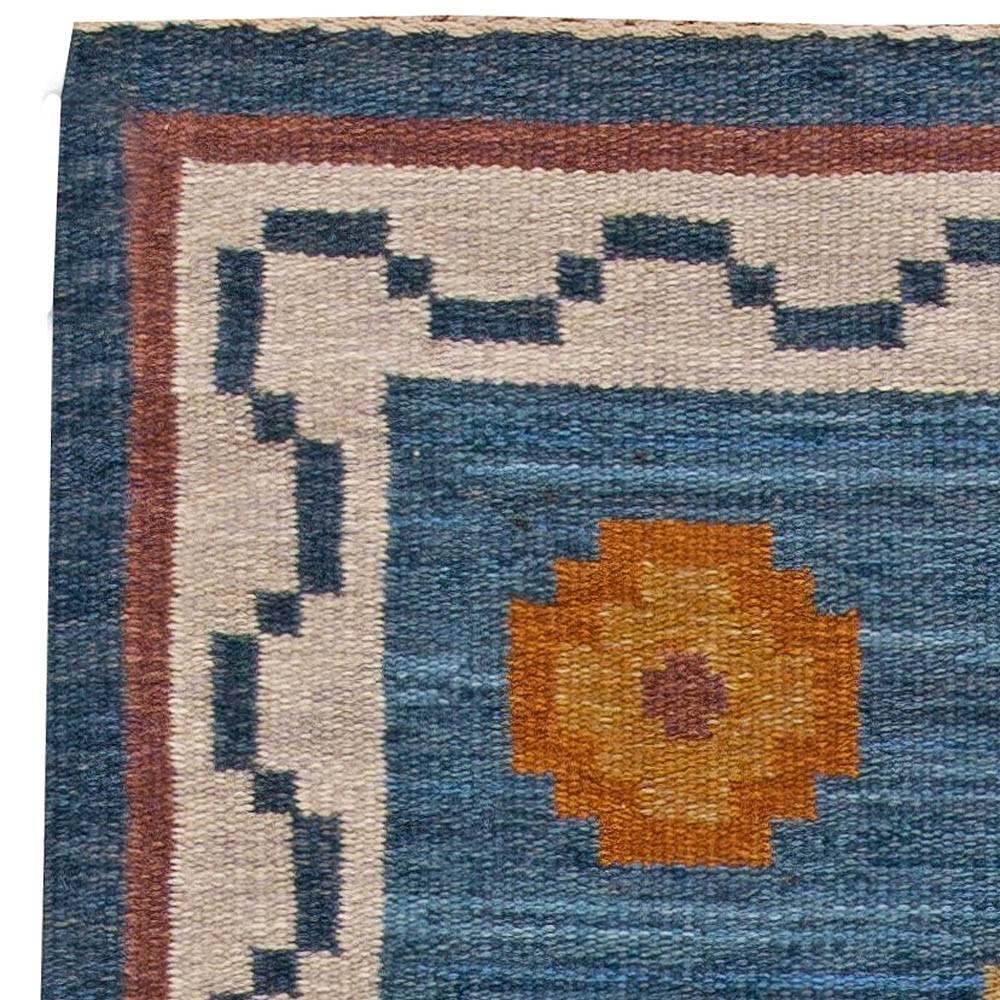 Hand-Knotted Mid-century Swedish Flatweave Rug with Blue 