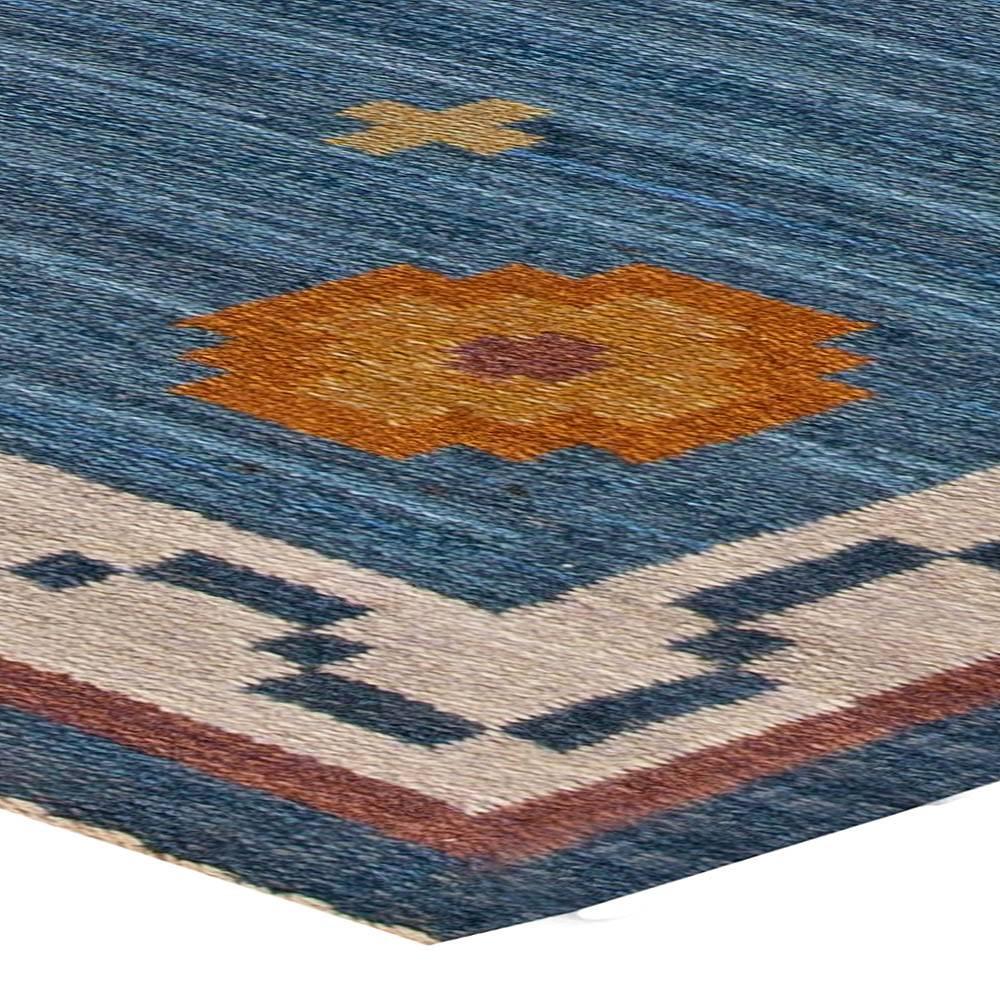 Wool Mid-century Swedish Flatweave Rug with Blue 
