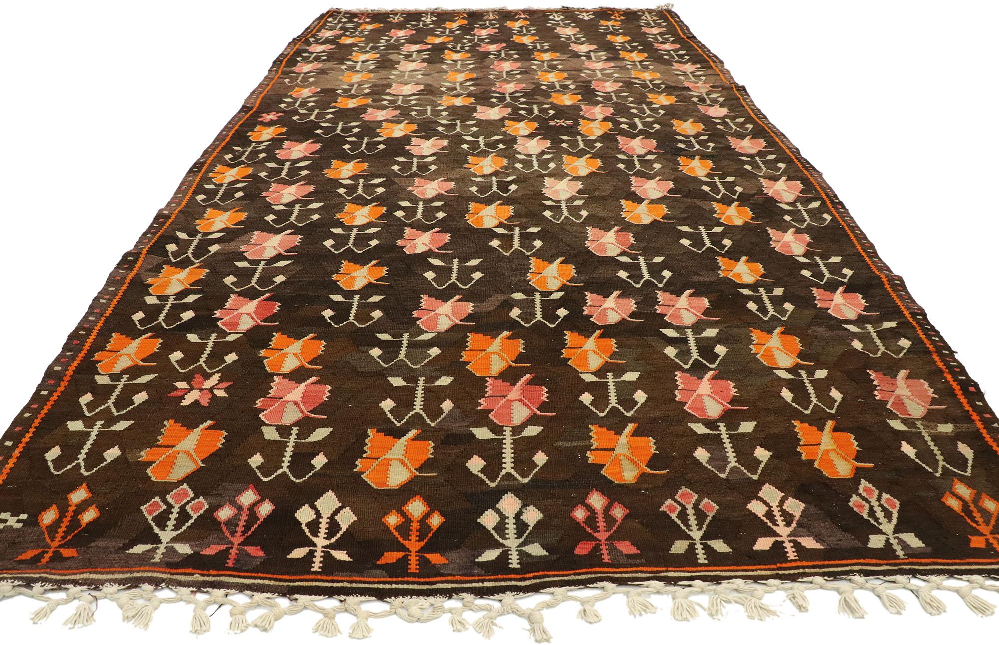 Hand-Woven Vintage Flat-Weave Turkish Floral Kilim Rug with Boho Farmhouse Style