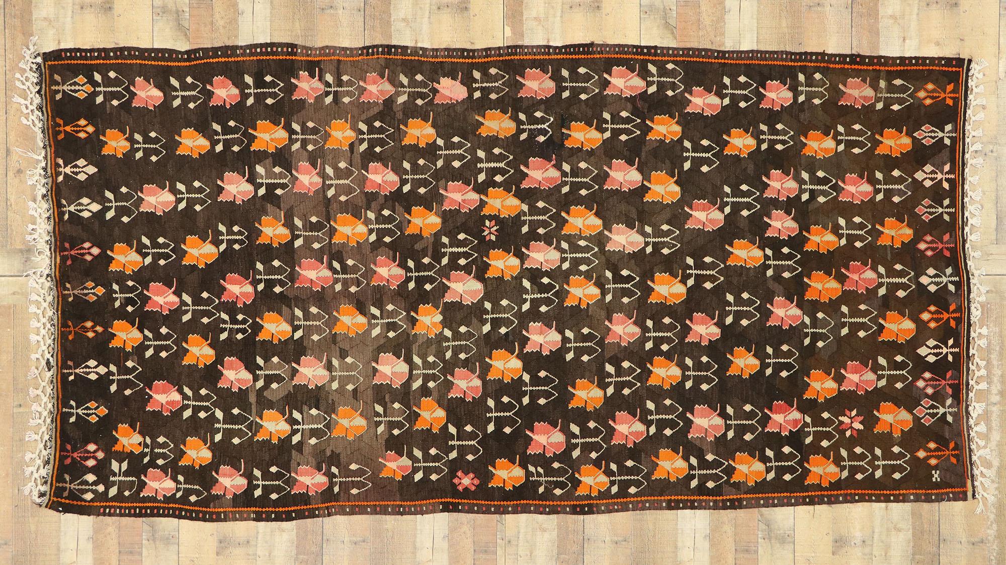 Vintage Flat-Weave Turkish Floral Kilim Rug with Boho Farmhouse Style 1