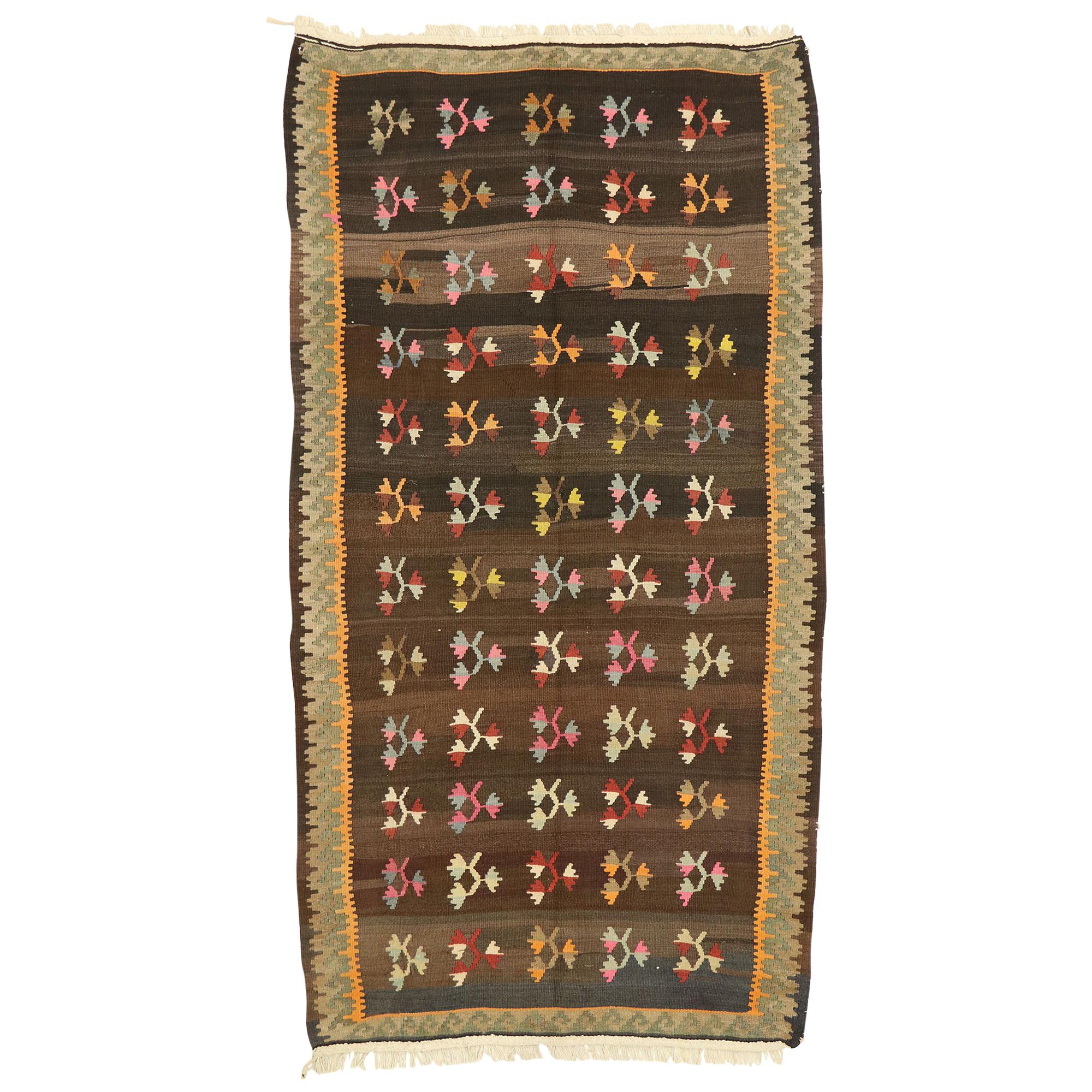 Vintage Flat-Weave Turkish Floral Kilim Rug with Boho Farmhouse Style