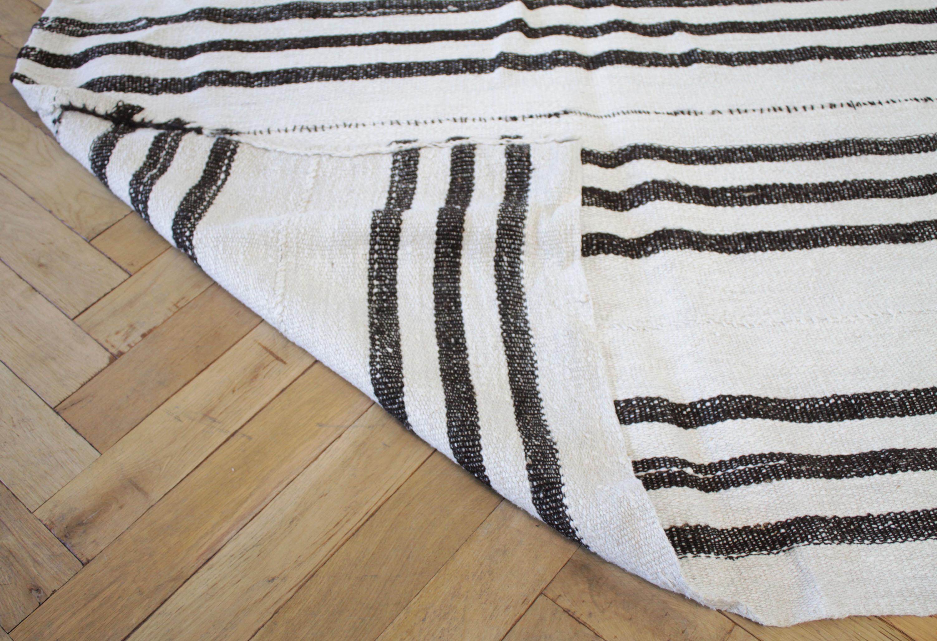 Minimalist Vintage Flat-Weave Turkish Hemp Rug in Creamy White and Brown Stripes For Sale