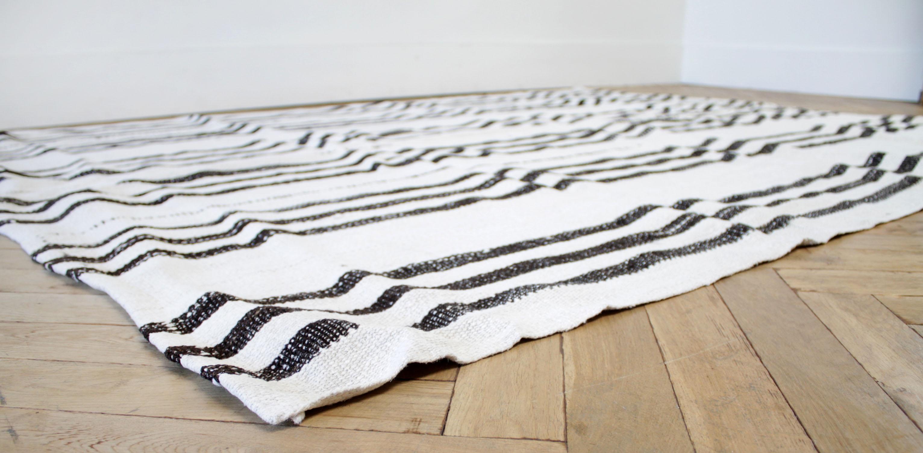 Vintage Flat-Weave Turkish Hemp Rug in Creamy White and Brown Stripes In Good Condition For Sale In Old Town Orange, CA