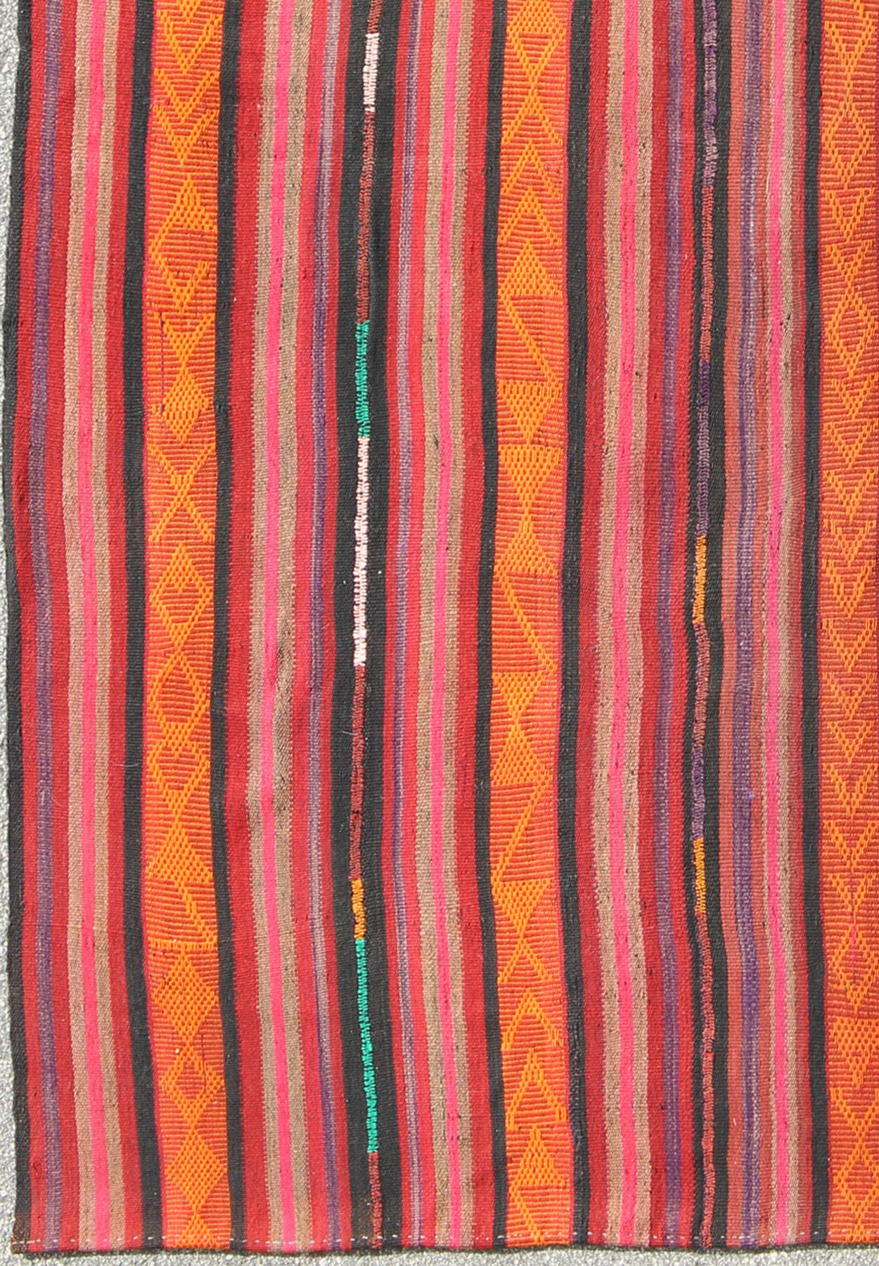 Hand-Woven Vintage Flat-Weave Turkish Kilim in Charcoal, Orange, Purple, Red and Pink For Sale