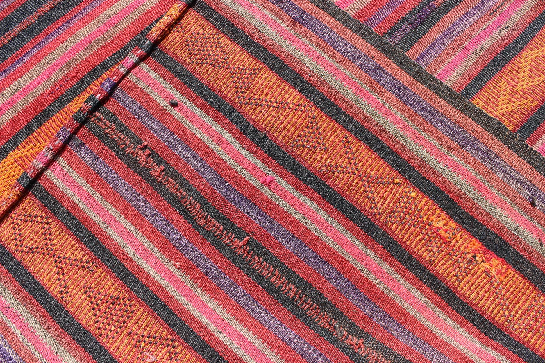 20th Century Vintage Flat-Weave Turkish Kilim in Charcoal, Orange, Purple, Red and Pink For Sale