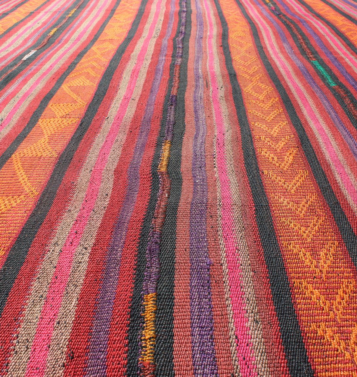 Wool Vintage Flat-Weave Turkish Kilim in Charcoal, Orange, Purple, Red and Pink For Sale