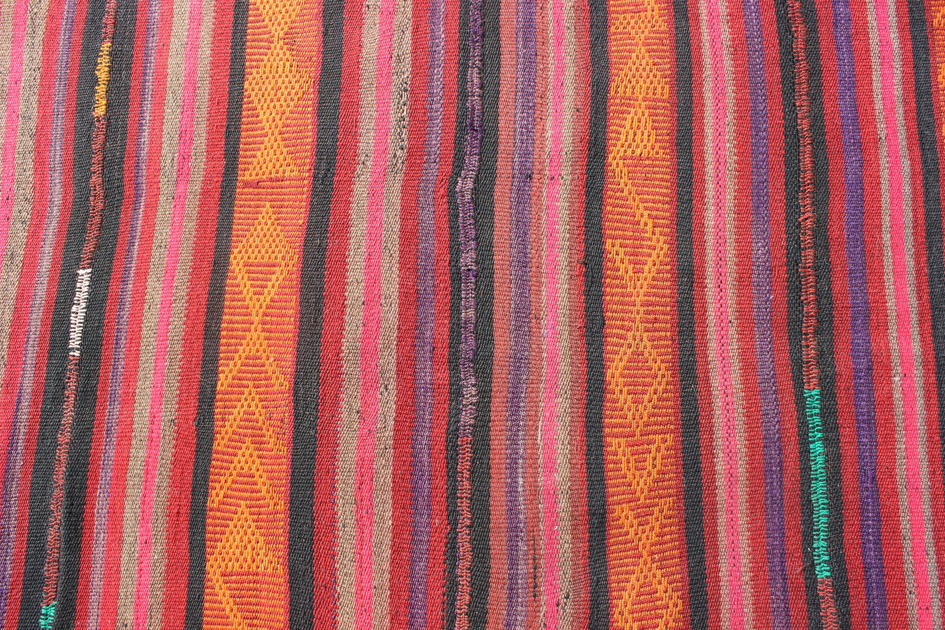 Vintage Flat-Weave Turkish Kilim in Charcoal, Orange, Purple, Red and Pink For Sale 1