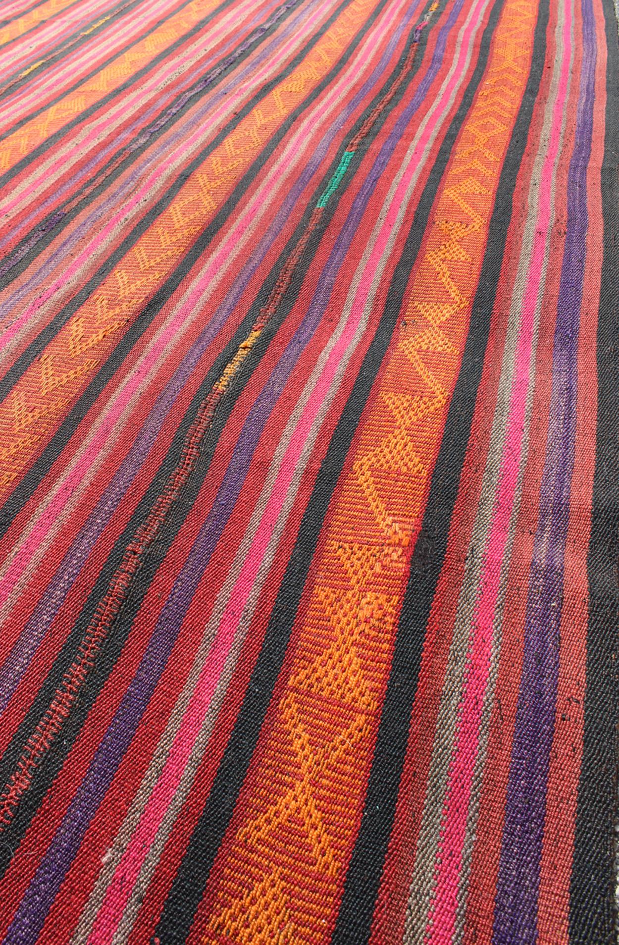 Vintage Flat-Weave Turkish Kilim in Charcoal, Orange, Purple, Red and Pink For Sale 2