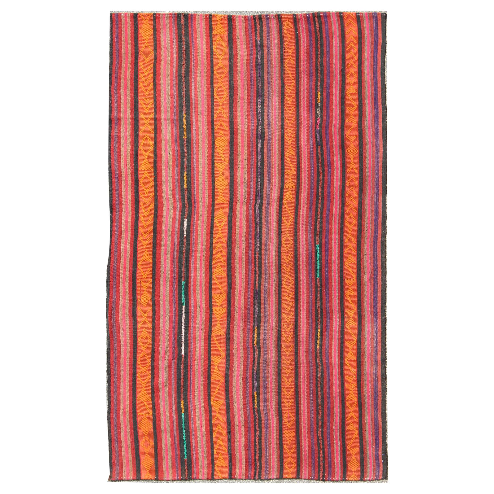 Vintage Flat-Weave Turkish Kilim in Charcoal, Orange, Purple, Red and Pink